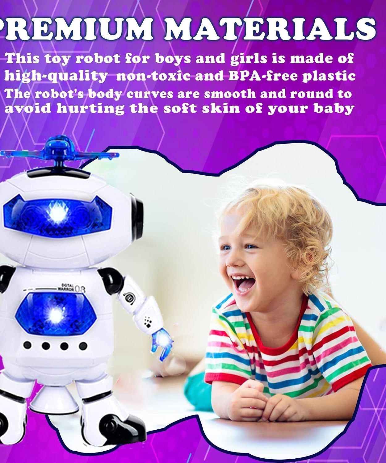 Dancing robot with LED lights and sound.