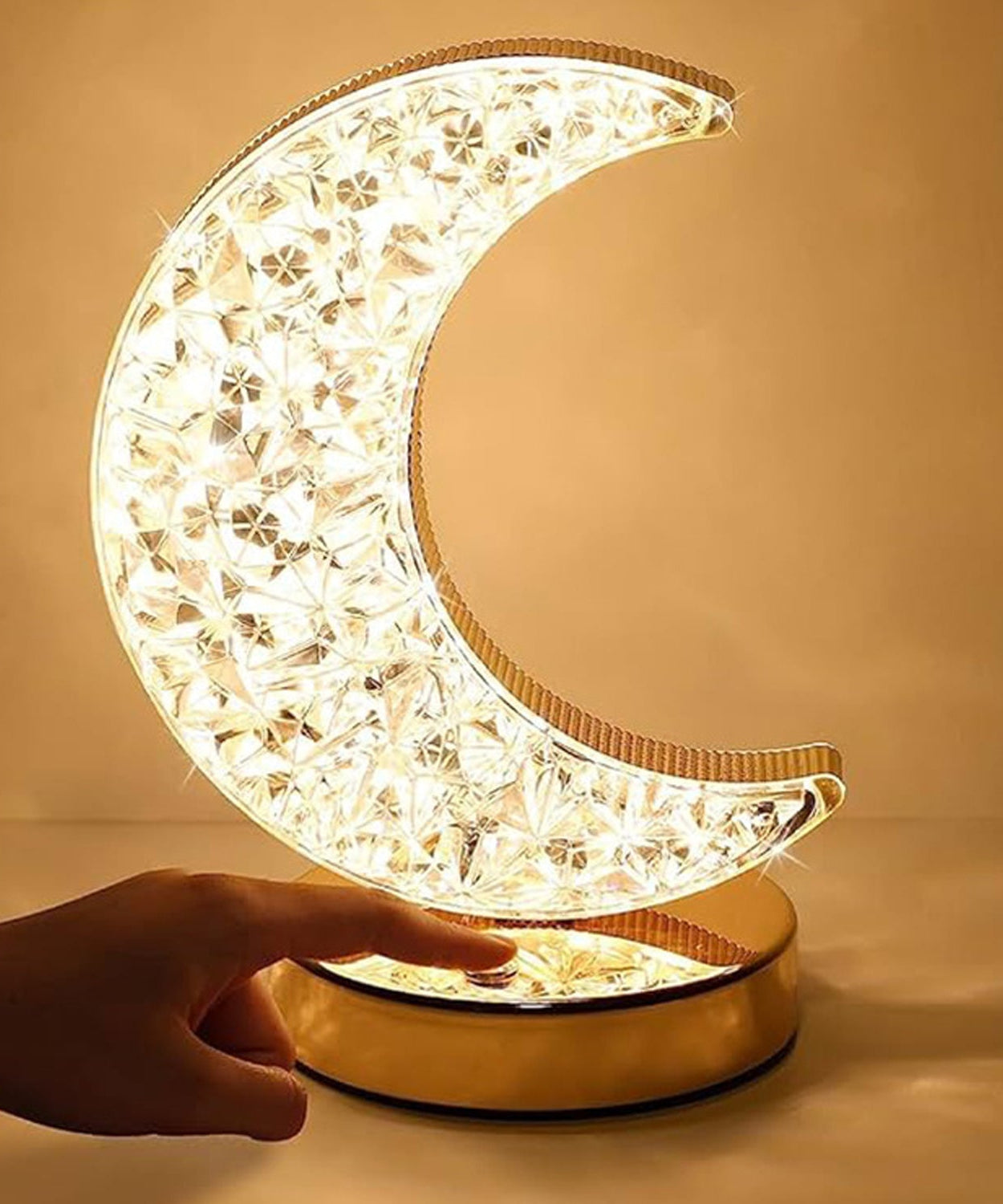 Crystal Table Lamp | Moon Shape Touch Control Lamp with 3 Color | Metal Bedside Lamp for Kids Bedroom Romantic Desktop Nightstand | Stepless Dimming USB Charging Touch Night Light
