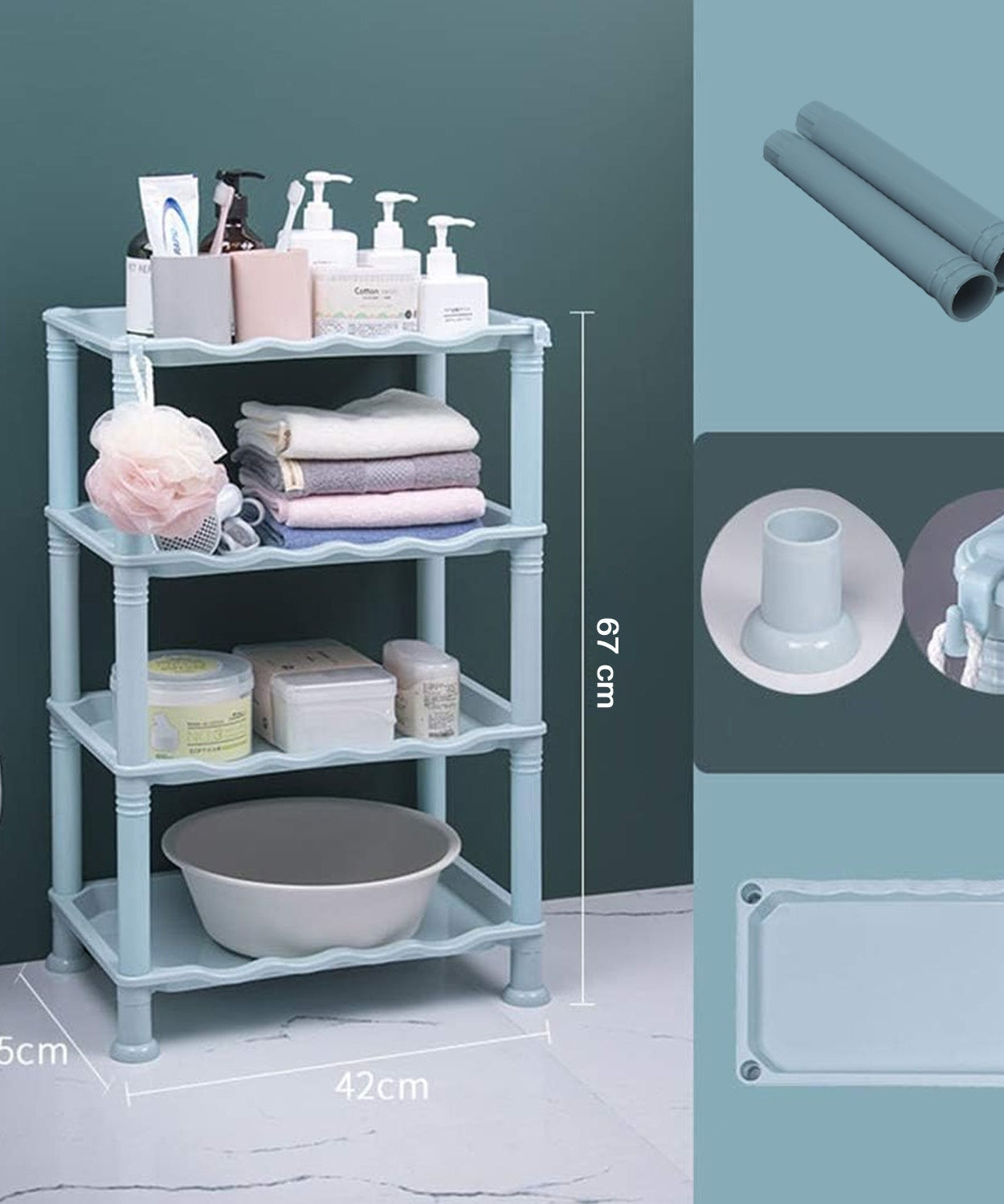 Multi-tiered storage rack with 4 layers, suitable for use in kitchen or bathroom.