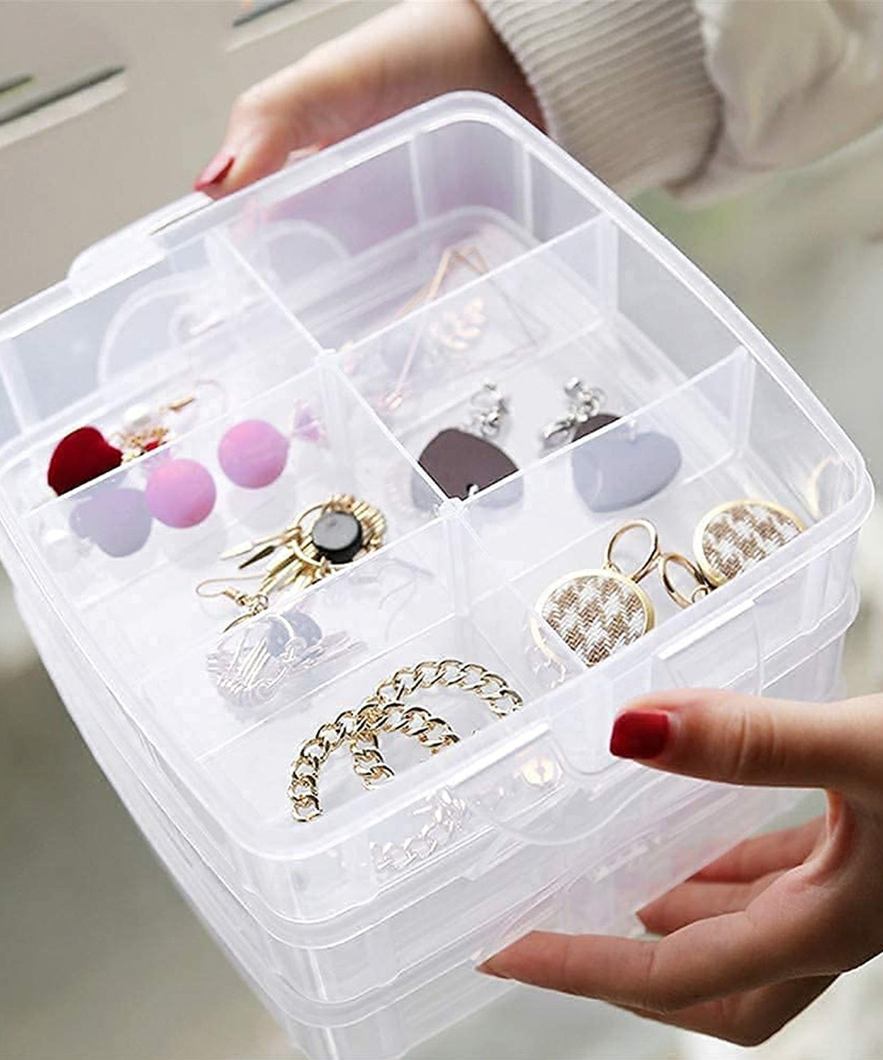 3-Tier 18 Sections Transparent Stackable Adjustable Compartment Slot Plastic Craft Storage Box