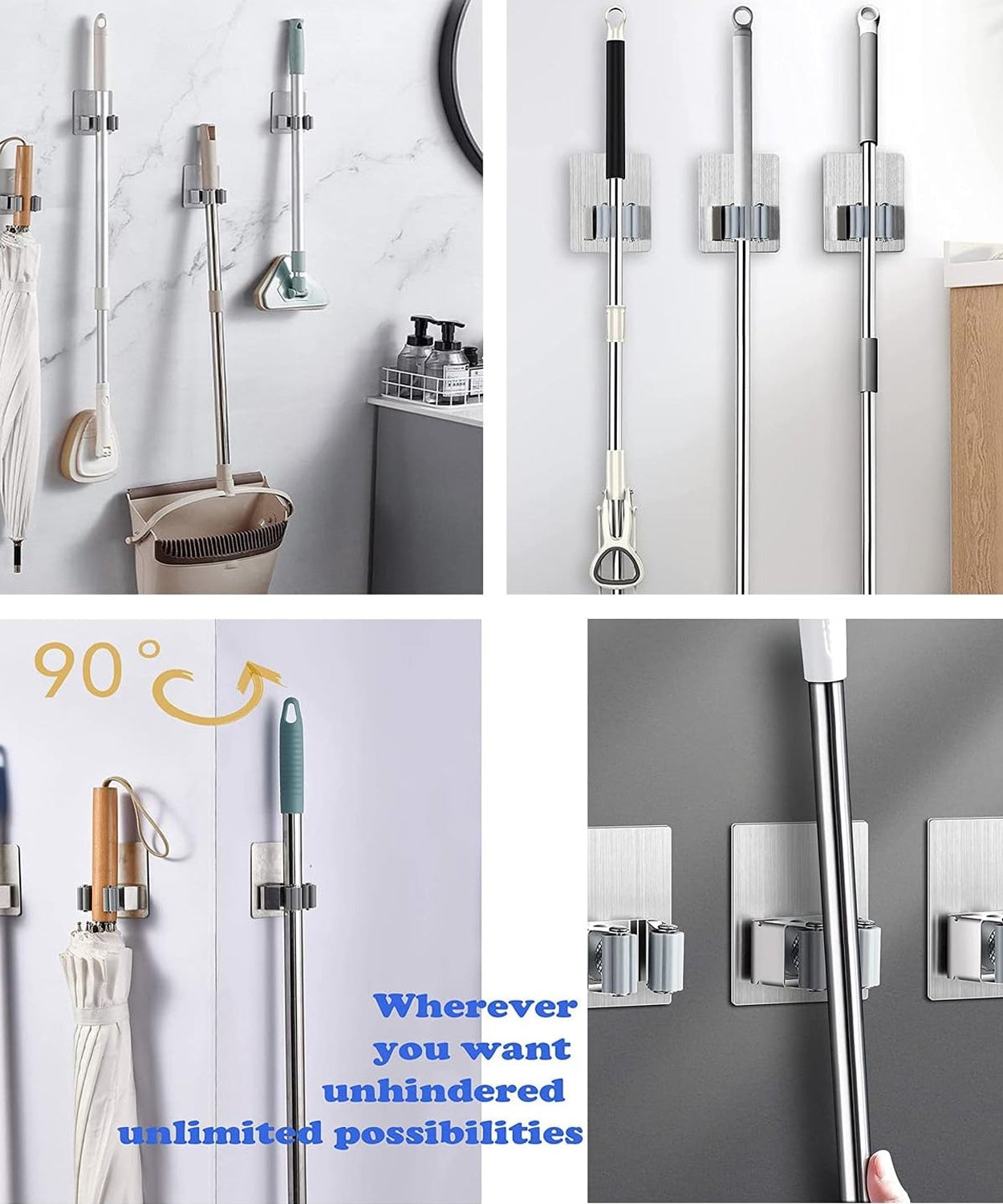 Wall-mounted mop holder with adhesive glue, stainless steel, 1 pc.