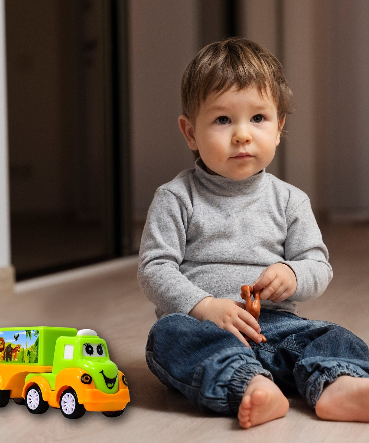 Green and yellow toy truck, small and vibrant