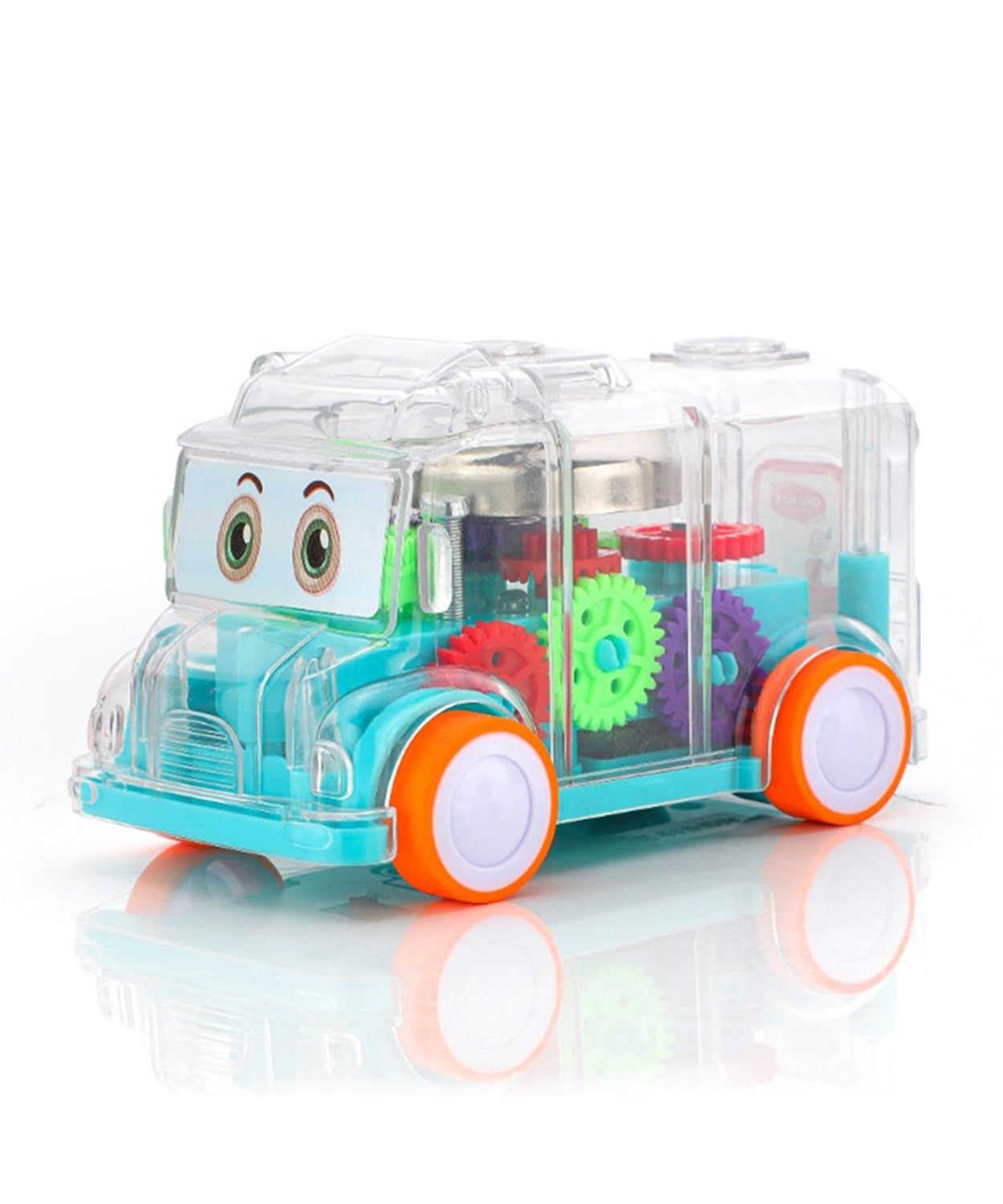 Musical mini school bus toy with clear body.