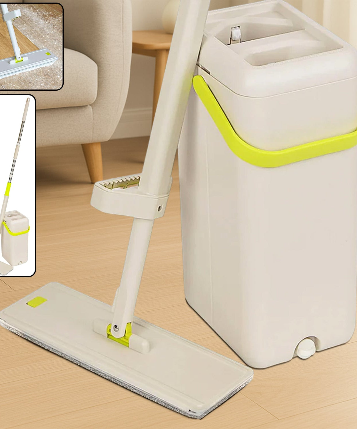 Floor Mop and Bucket Set, Flat Mop for Cleaning with Wringer, Self Clean Damp Mop and Bucket for Hardwood, Laminate, 2 in 1 Hands Free Mop with Washable Microfiber Pad for Wet & Dry Use