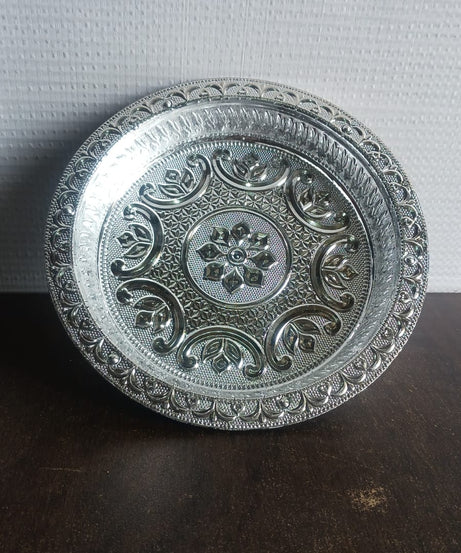 Traditional Silver Finish Plastic Pooja Thali (1 Pc)