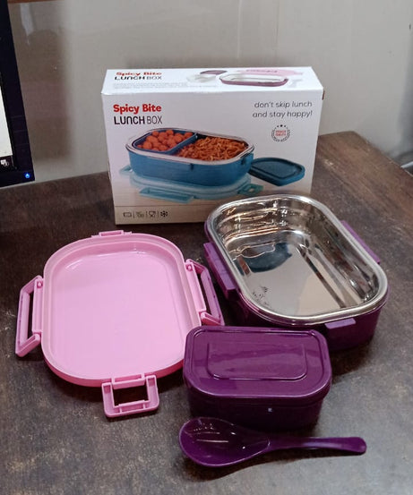 3 in 1 Spicy Bite Stainless Steel Lunch Box With Plastic Small Box & Spoon (1 Set)