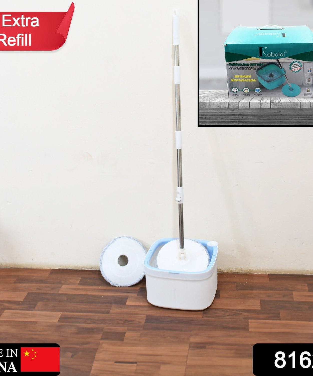 Spin mop with extra clean water pad, ideal for all flooring types.