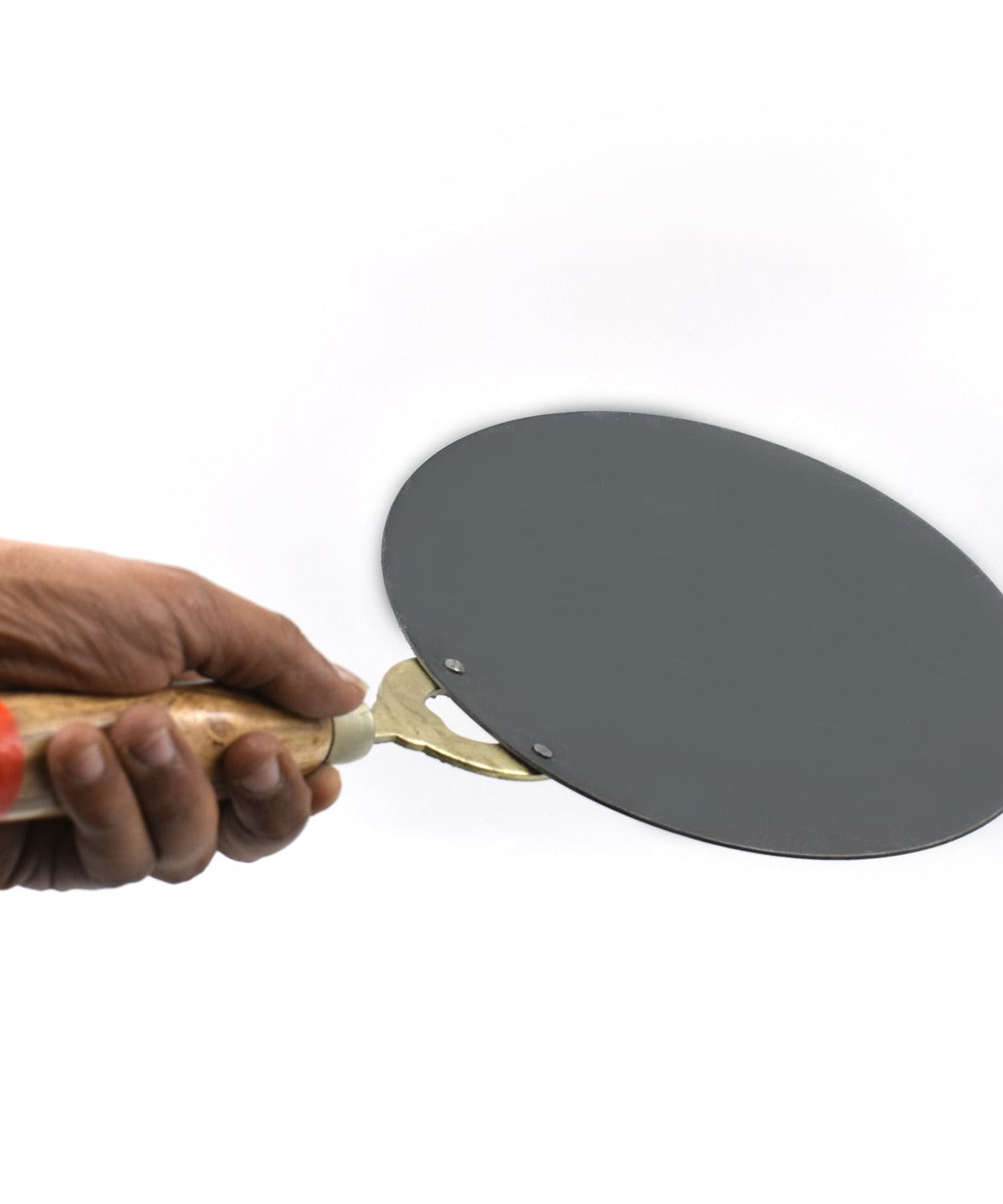 Durable nonstick tawa with wooden handle, suitable for making rotis and parathas.