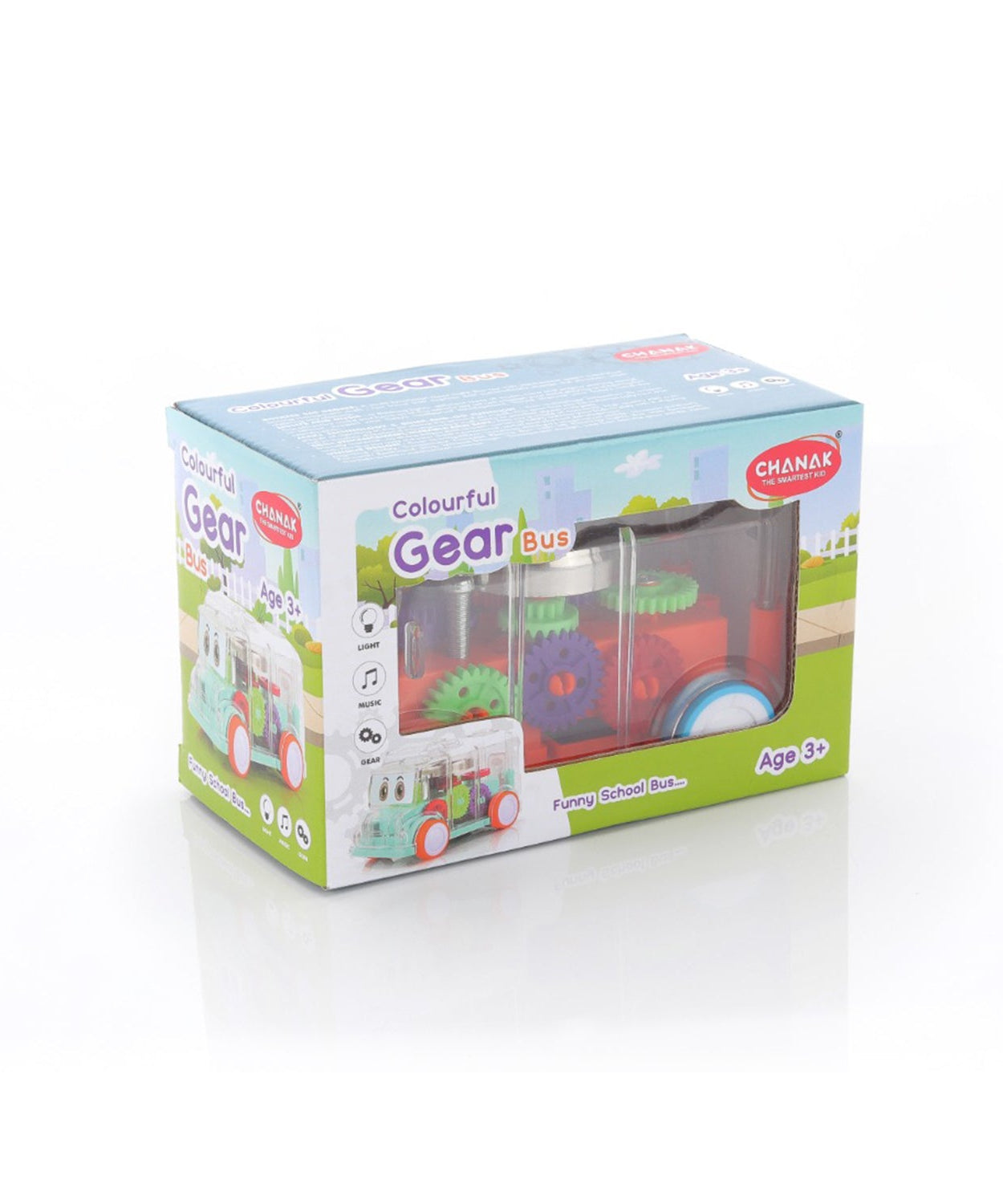 Musical toy bus with transparent design.