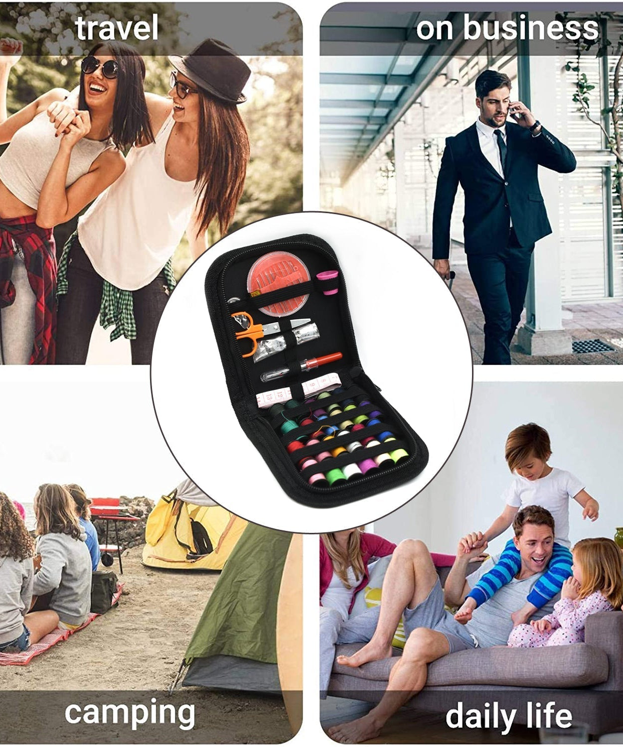 Purse sewing kit with 48 essential pieces for clothes and fabric repairs.