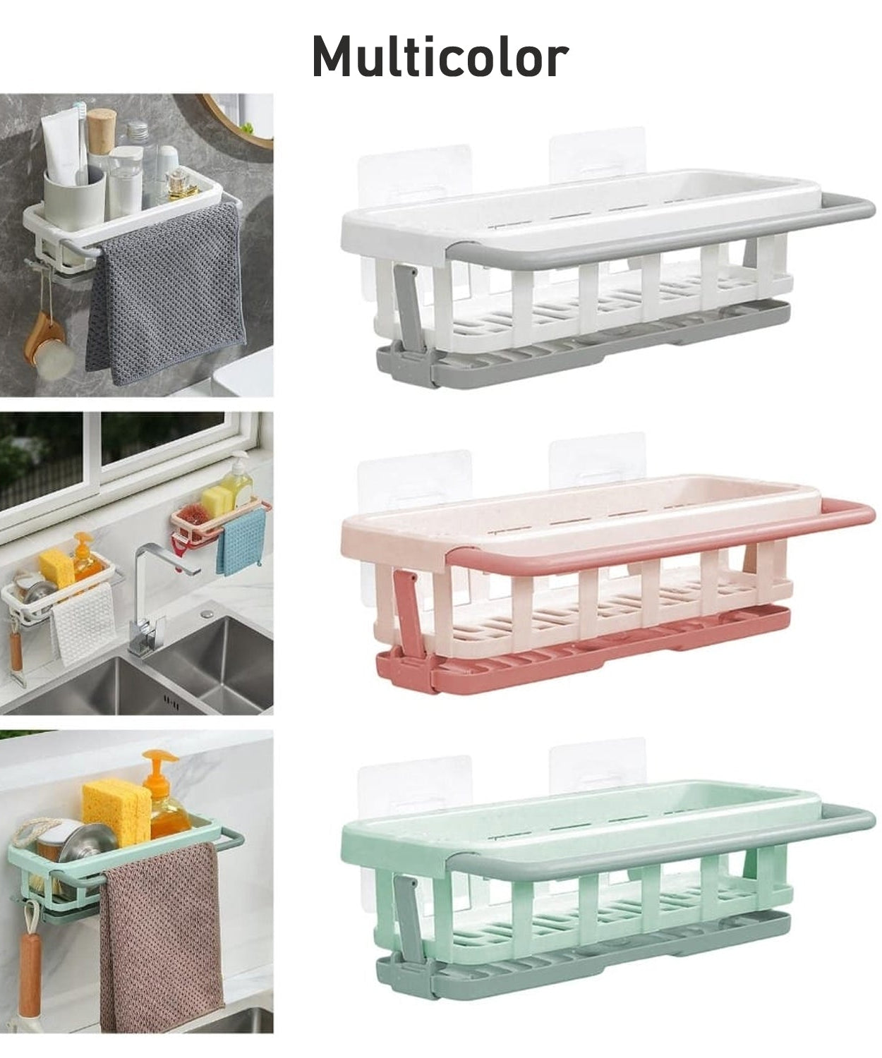 Multipurpose Platic Hanging Drain Rack Retractable Sponge Storage Hanging Rack With Adhesive Hook for Kitchen and Bathroom Dishcloth Holders Basket Drying Tray Organizer