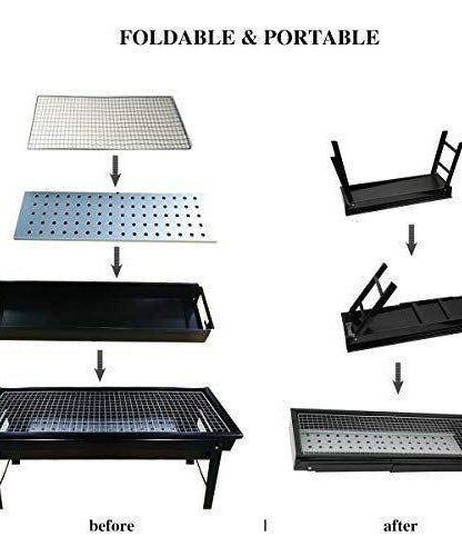 Portable BBQ grill with foldable design and carrying handle.