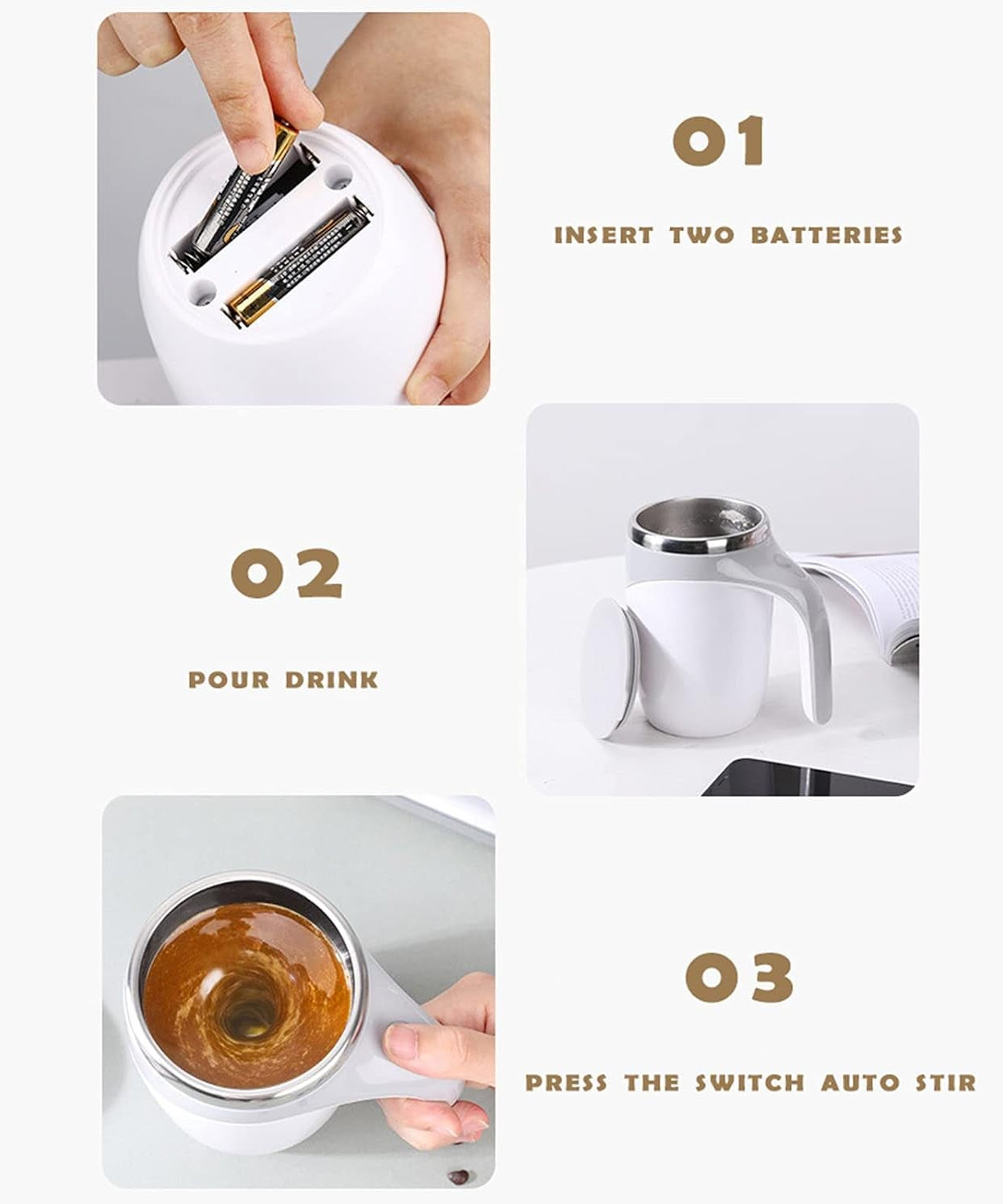 Stirring Coffee Mug | Magnetic Stirring Coffee Cup | Stainless Steel Mug for Milk | Travel Mixing Cup | Self Stirring Coffee Mug, Suitable for Coffee / Milk / Hot Chocolat | Battery Operated ( Battery Not Included)