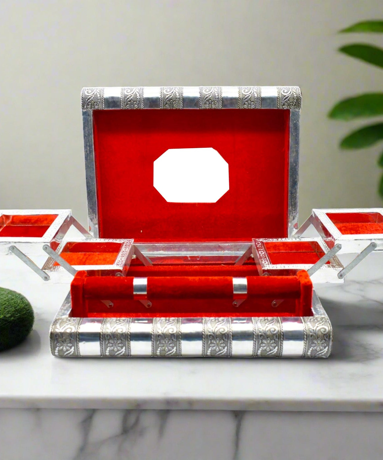 Wooden jewelry organizer with multiple compartments for bangles and accessories