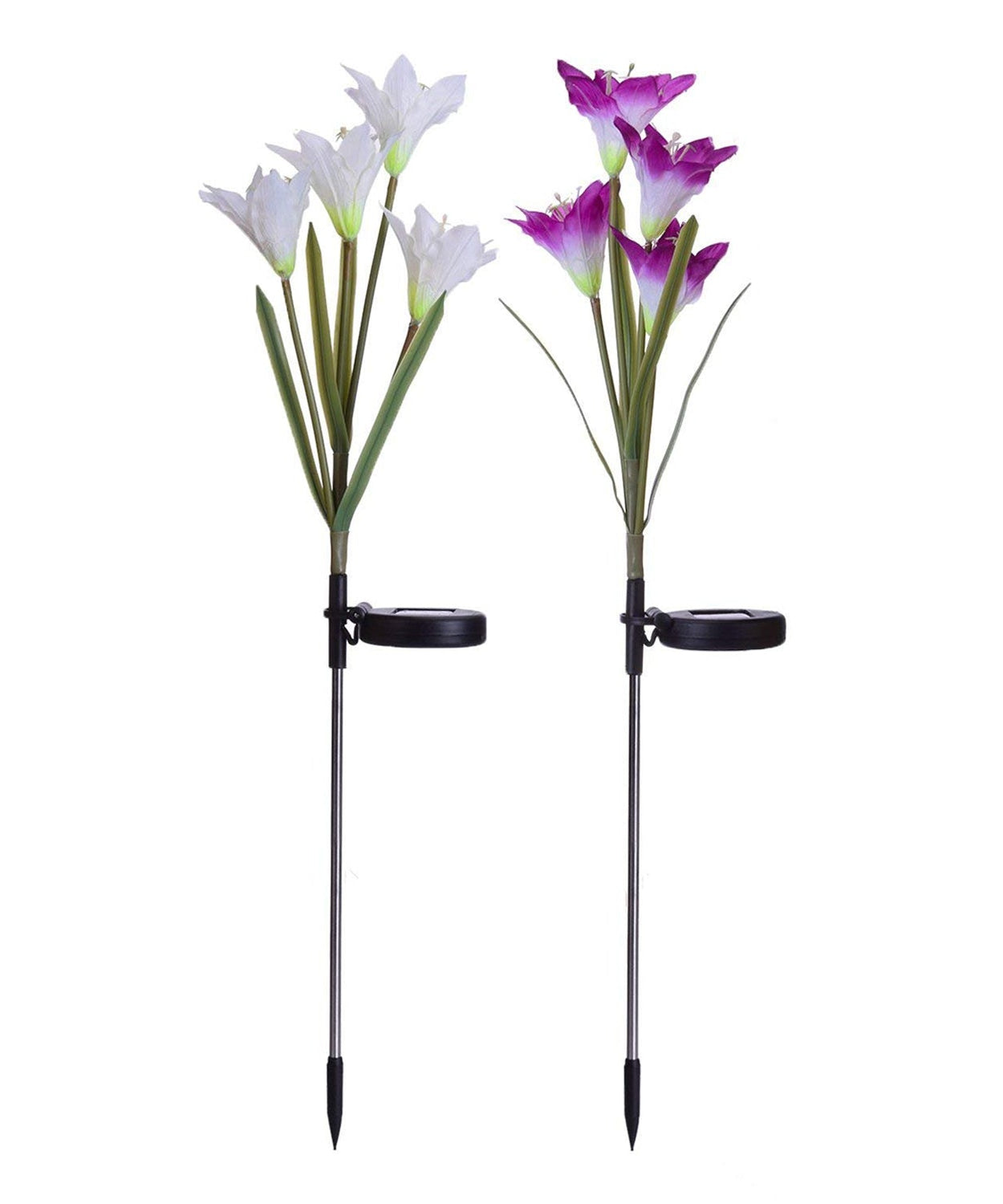 Solar lily flower stake lights, outdoor setup at night