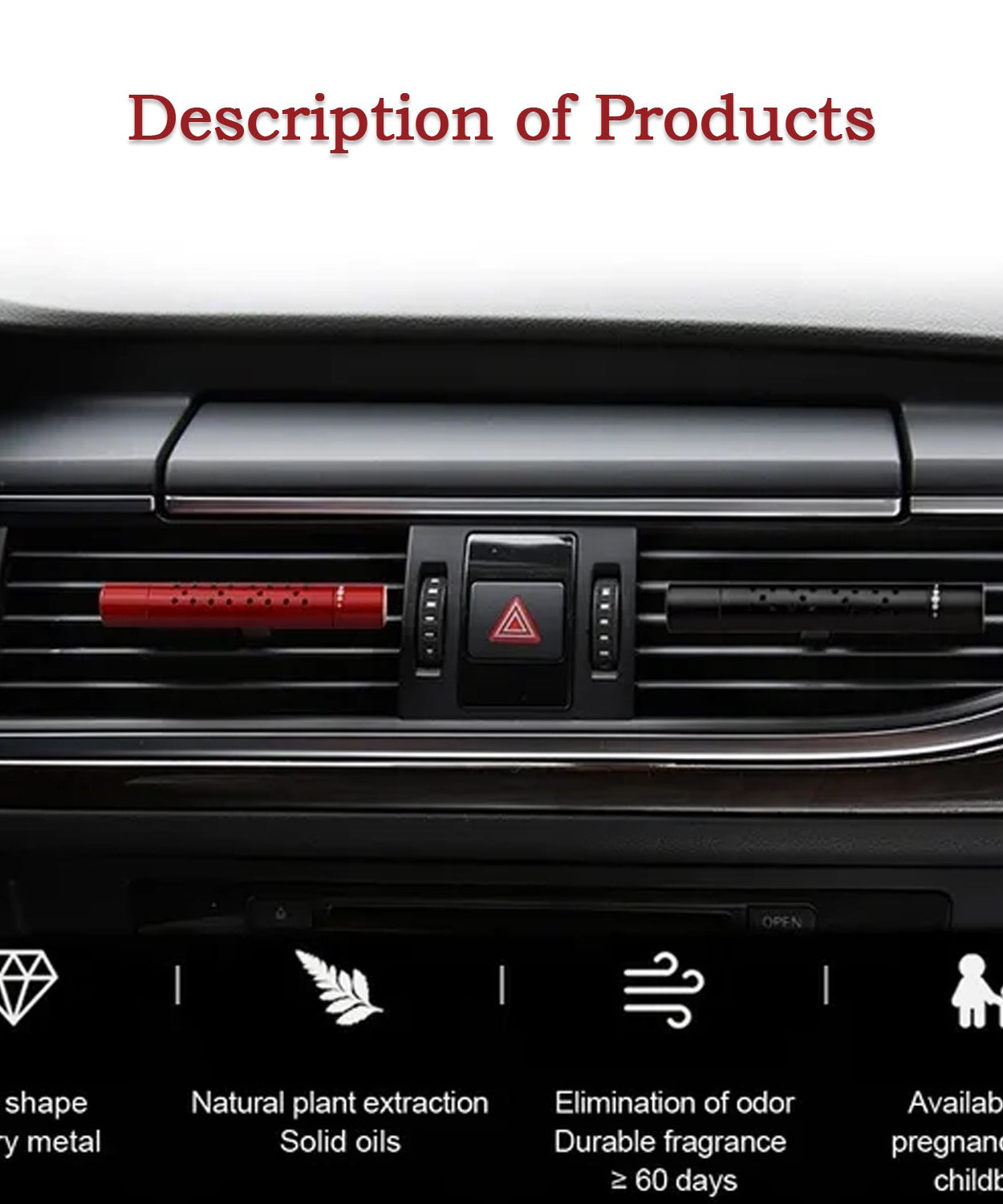 Interior car perfume with rotating flow control and magnetic feature, offering several fragrances.