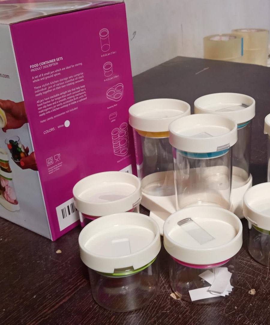 Transparent plastic masala box with compartments and tray, perfect for spices and mukhwas