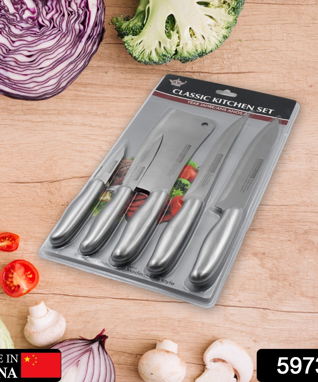 Stainless steel kitchen knives set for basic cooking needs.
