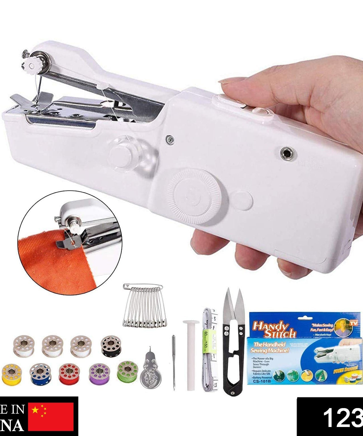 Close-up of mini electric sewing machine