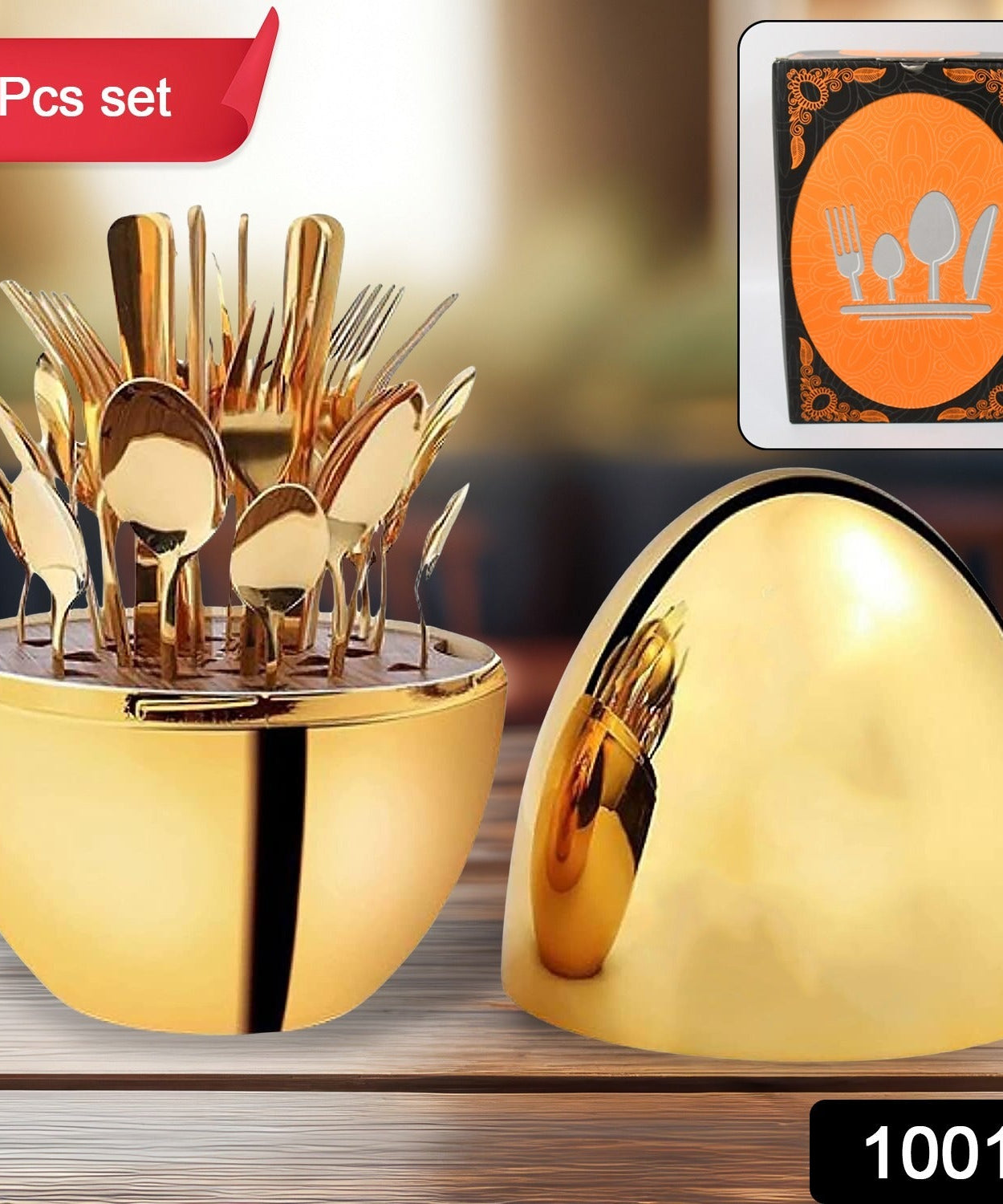 Premium Cutlery Set 24 Pcs with Oval Shaped Stand | Beautiful Stylish Oval Designed Cutlery Sets, Egg-Shaped Luxury Spoon Holder Set  (Golden / 24 pcs set)