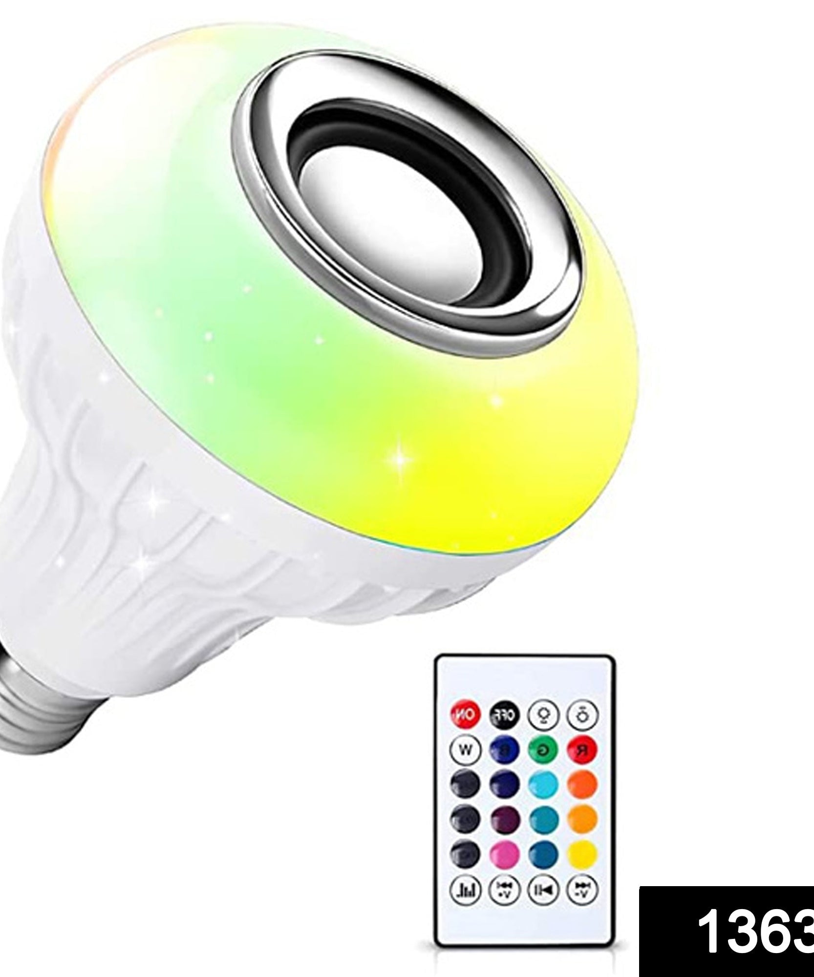 LED bulb with music sensor and remote control for multicolor lighting.