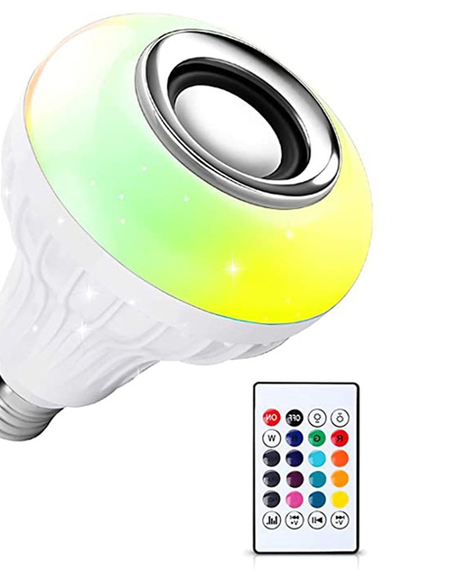 Multicolor LED bulb with wireless Bluetooth control and speaker.
