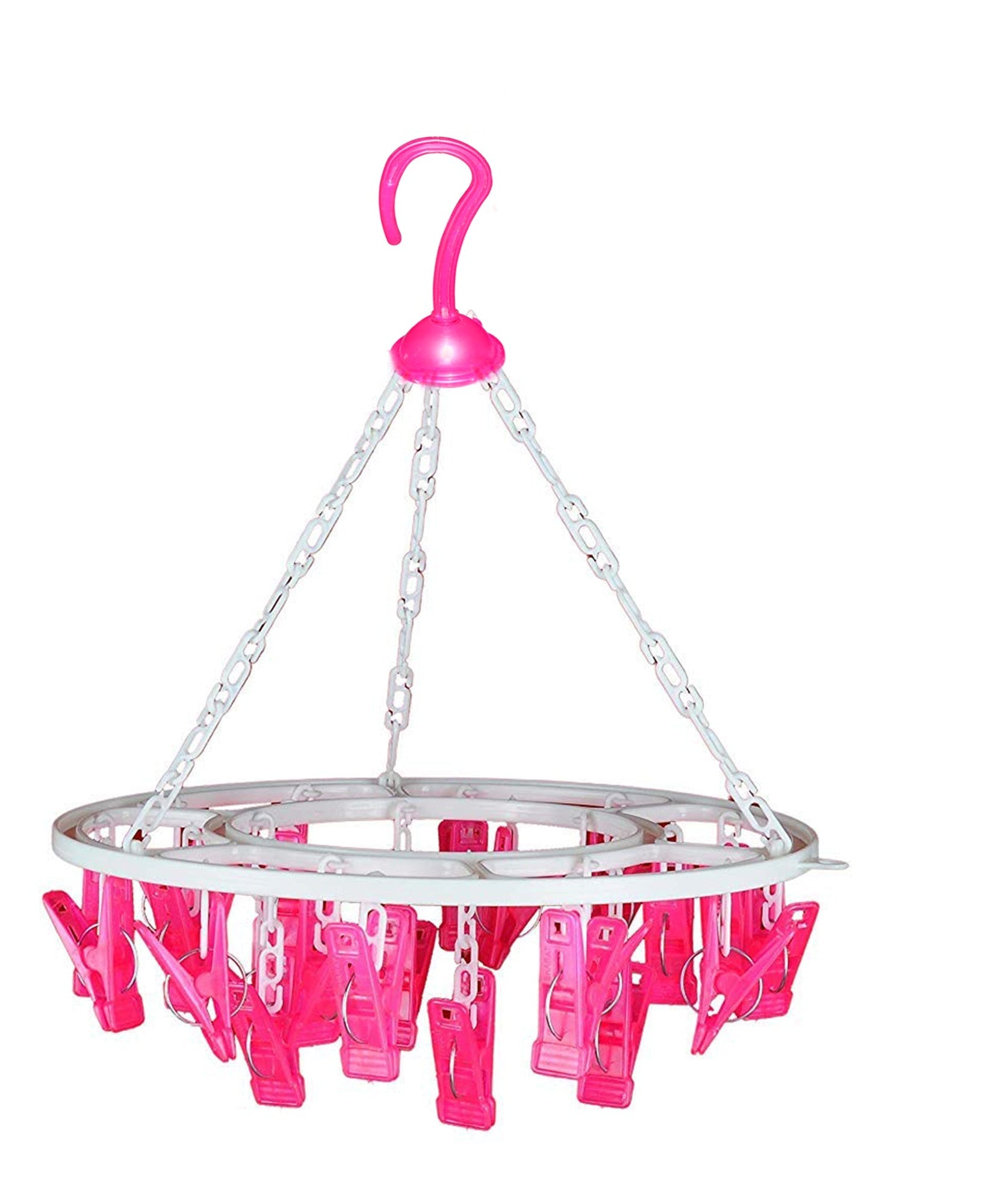 Round drying stand with 24 multicolour clips for hanging clothes.
