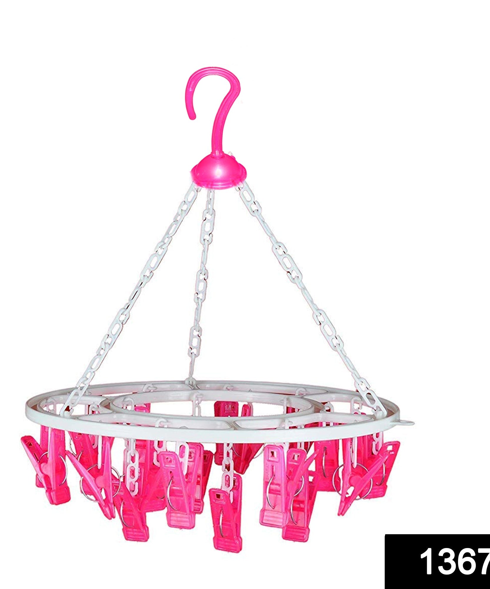 Plastic round hanger with 24 clips for cloth drying in multicolour.