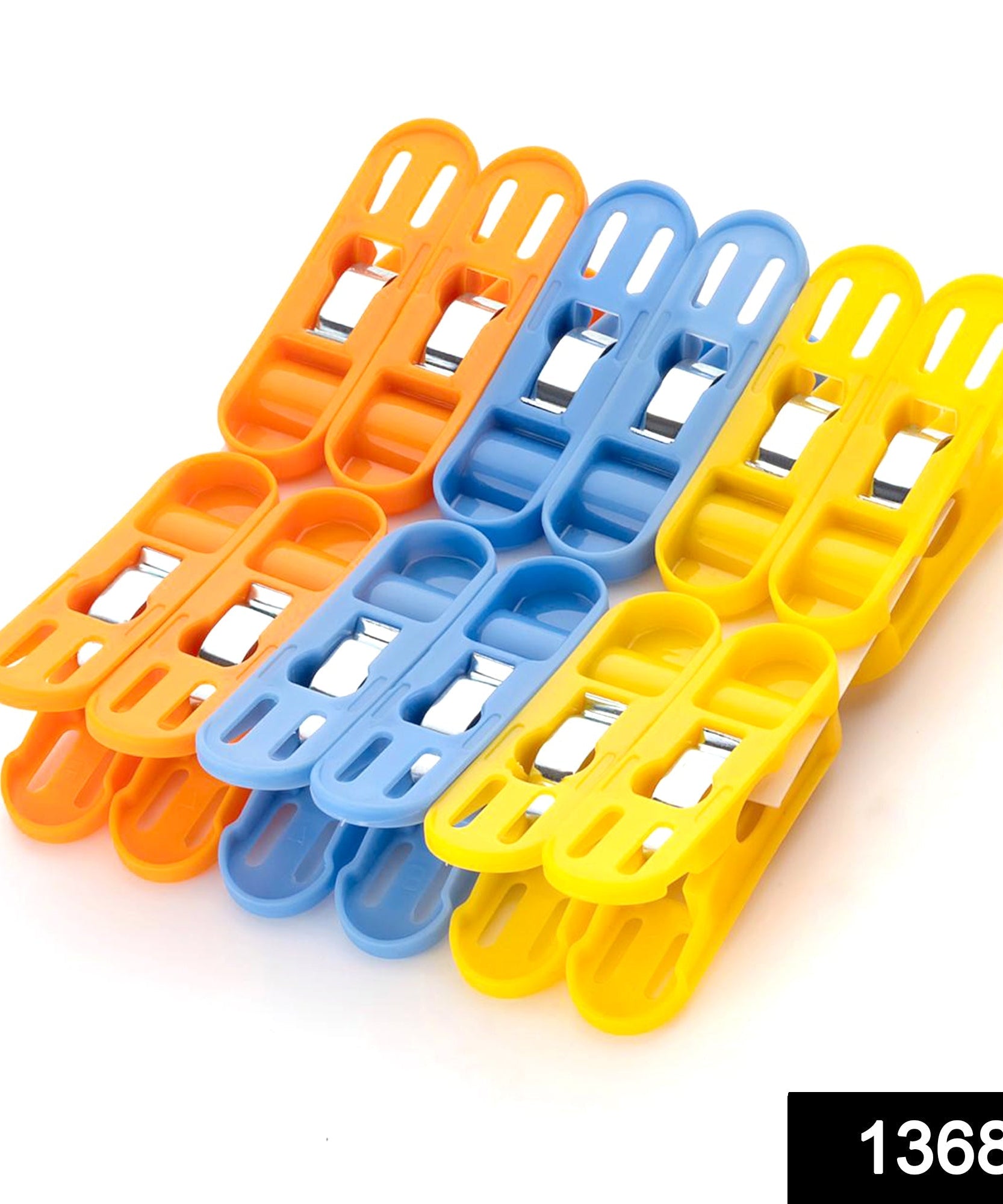 Pack of 12 light plastic clips for hanging and drying clothes.
