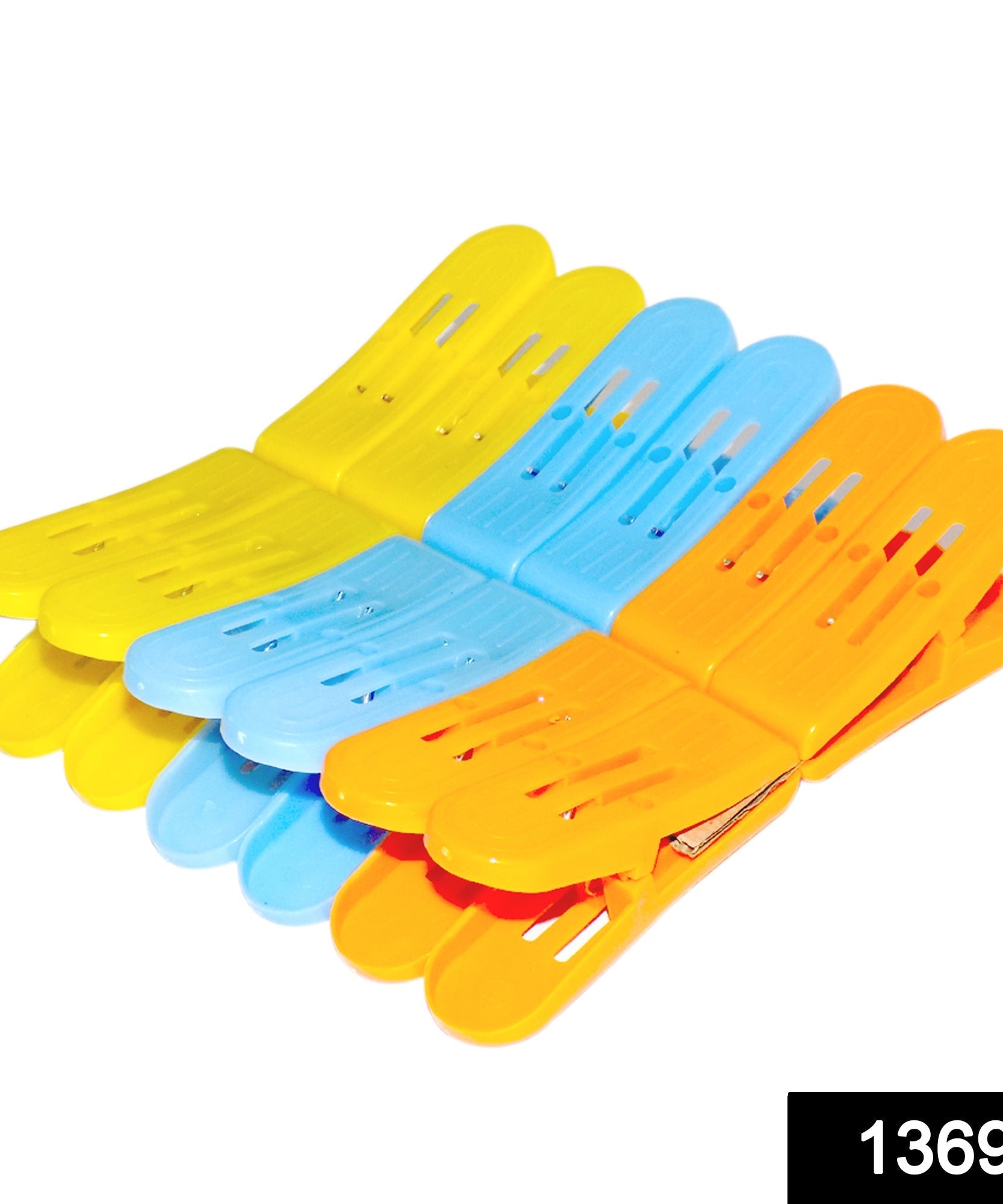 Durable plastic double pin clips in assorted colors for clothes.