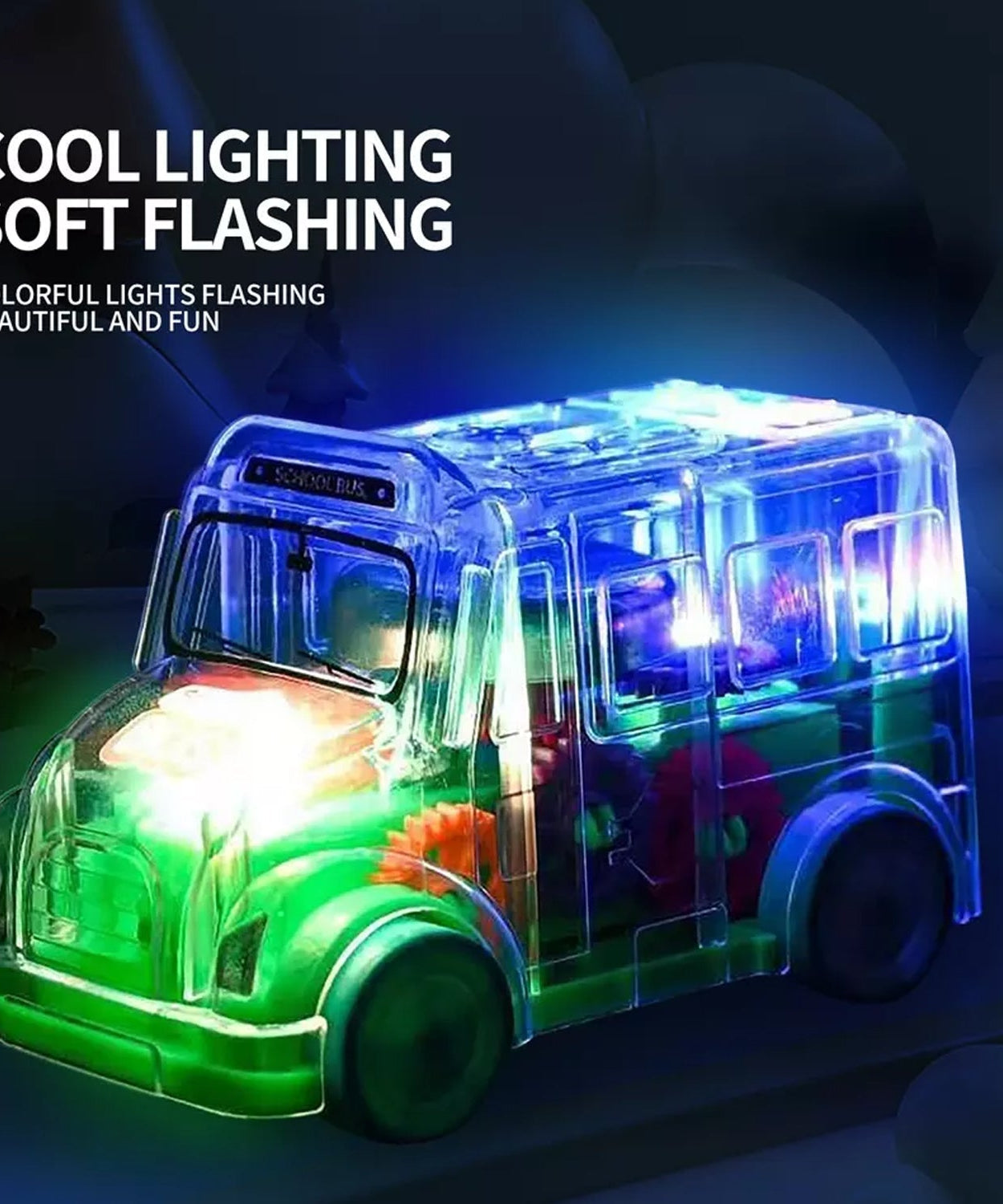 Mini transparent bus toy with musical function.