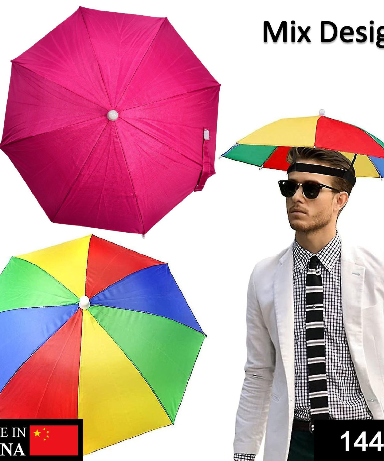 Umbrella hat, hands-free, for sun and rain protection.