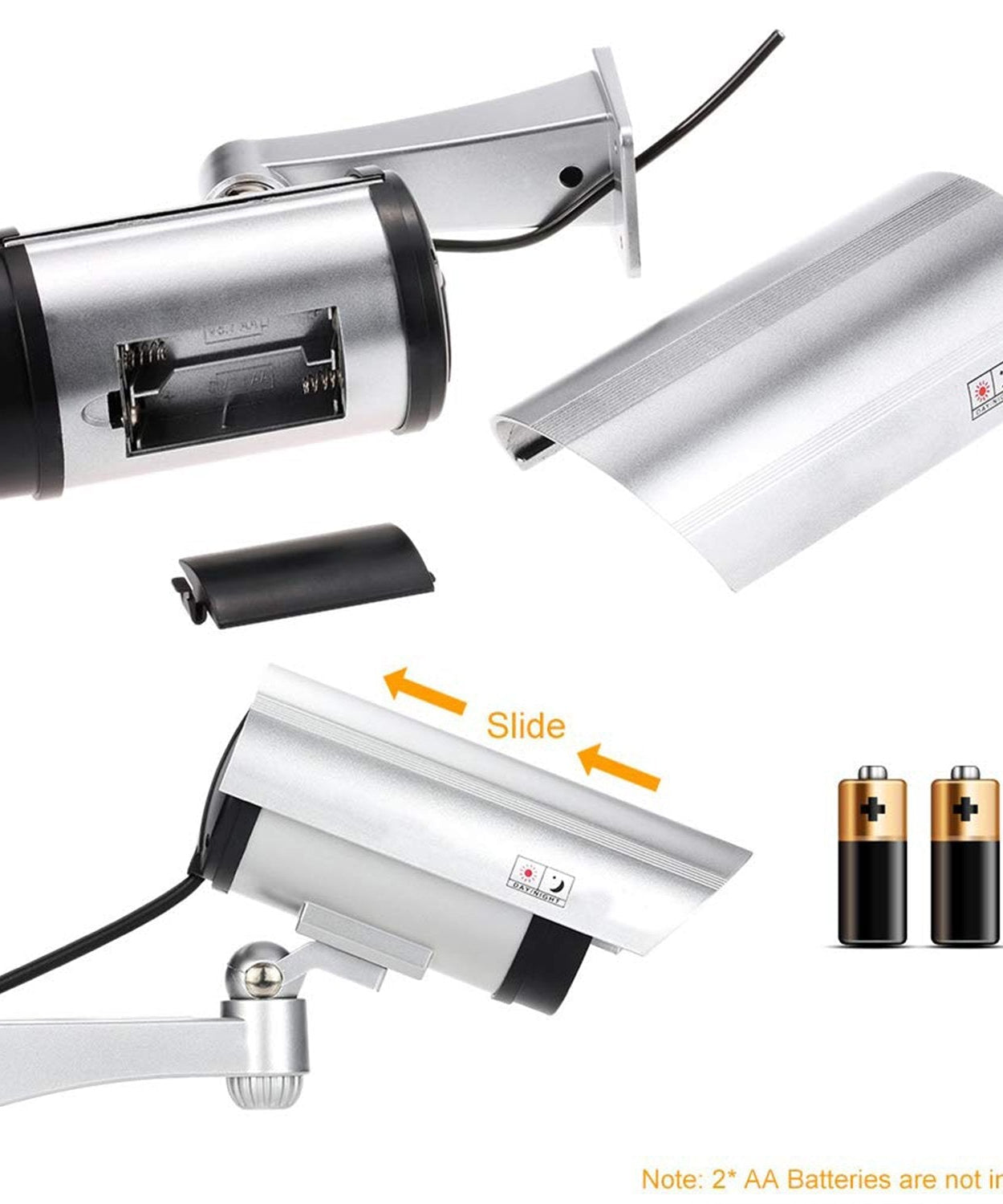 Fake outdoor CCTV camera with IR feature, enhances security appearance.