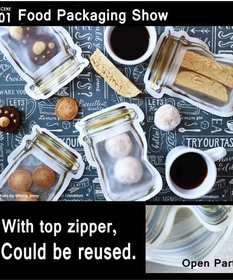 Detailed view of a 150ml airtight food storage jar with zipper.