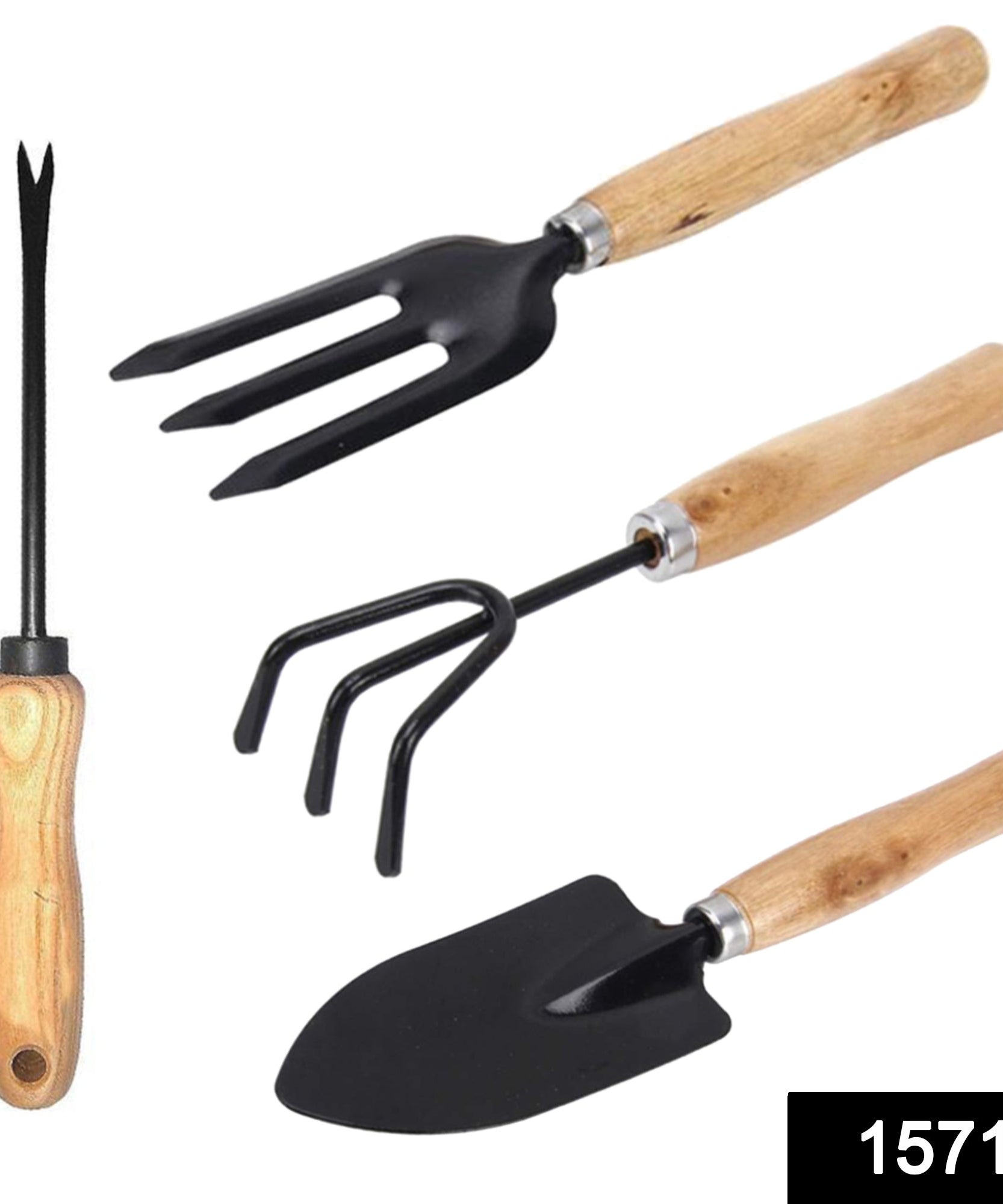 Gardening tools set with spade, trowel, and pruning shear.