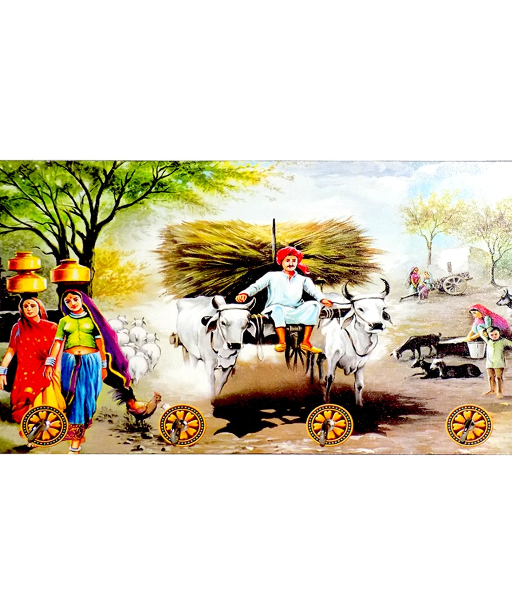 Decorative landscape art piece with wooden texture and hooks.