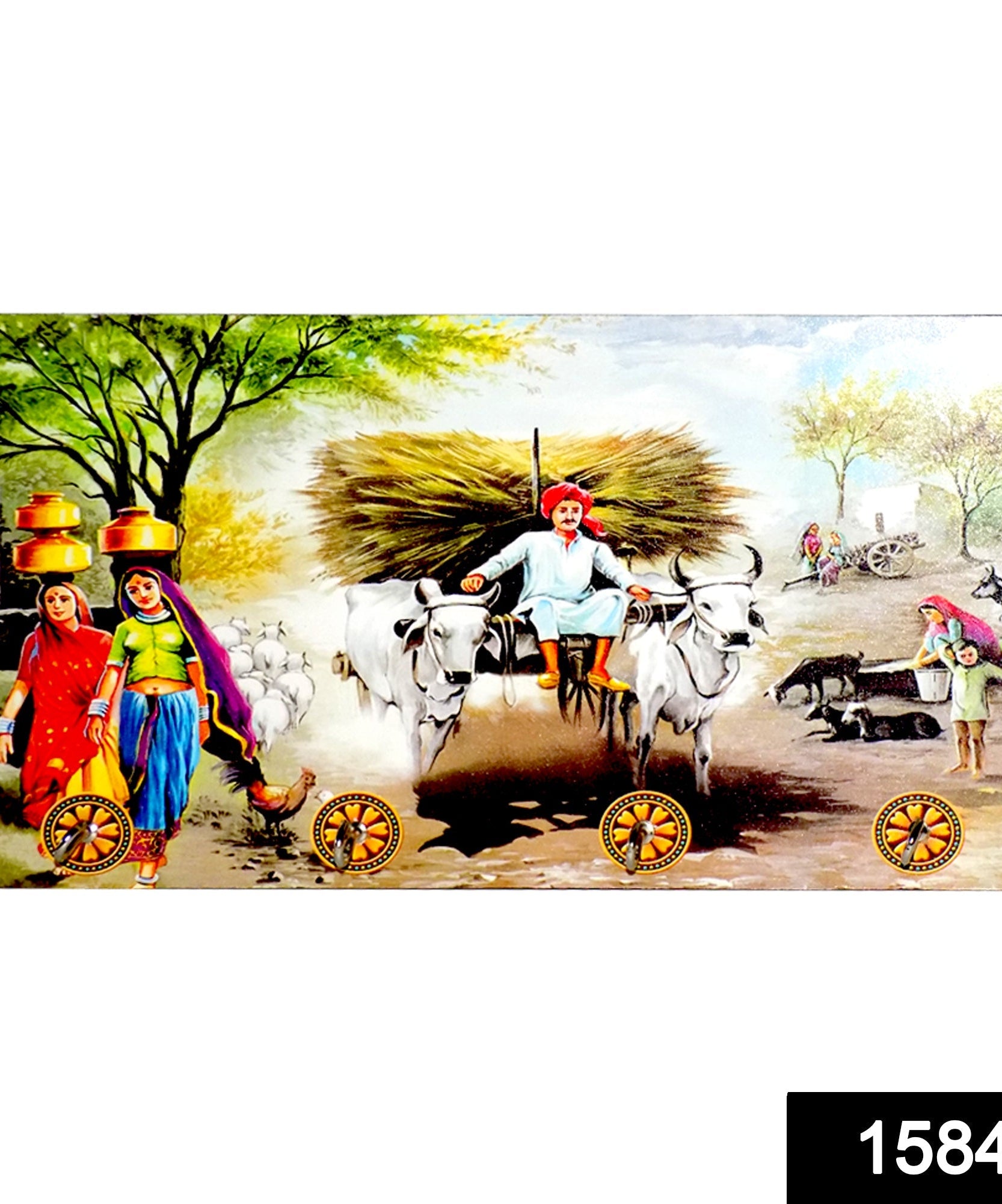 Landscape-themed wooden wall hanging with hooks.