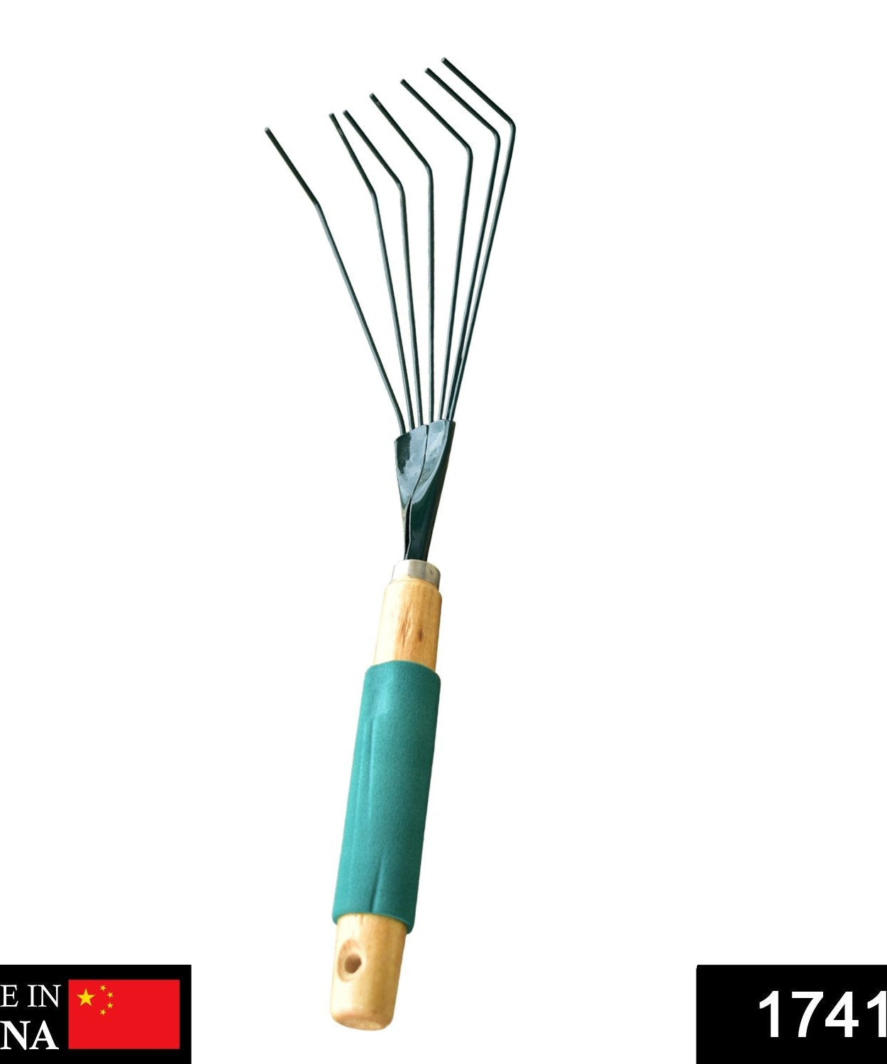 stainless steel leaf rake showing teeth and handle