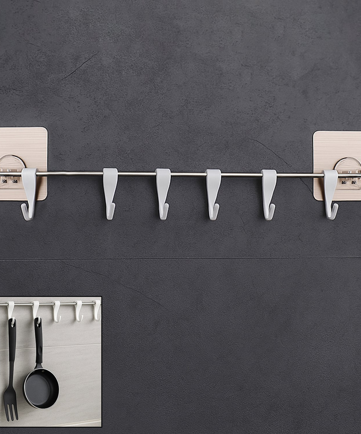 Stainless Steel Utensil Hanger Rail Nail Free Wall Mount with 2 Magic Stickers & 6 Plastic Hooks For Kitchen