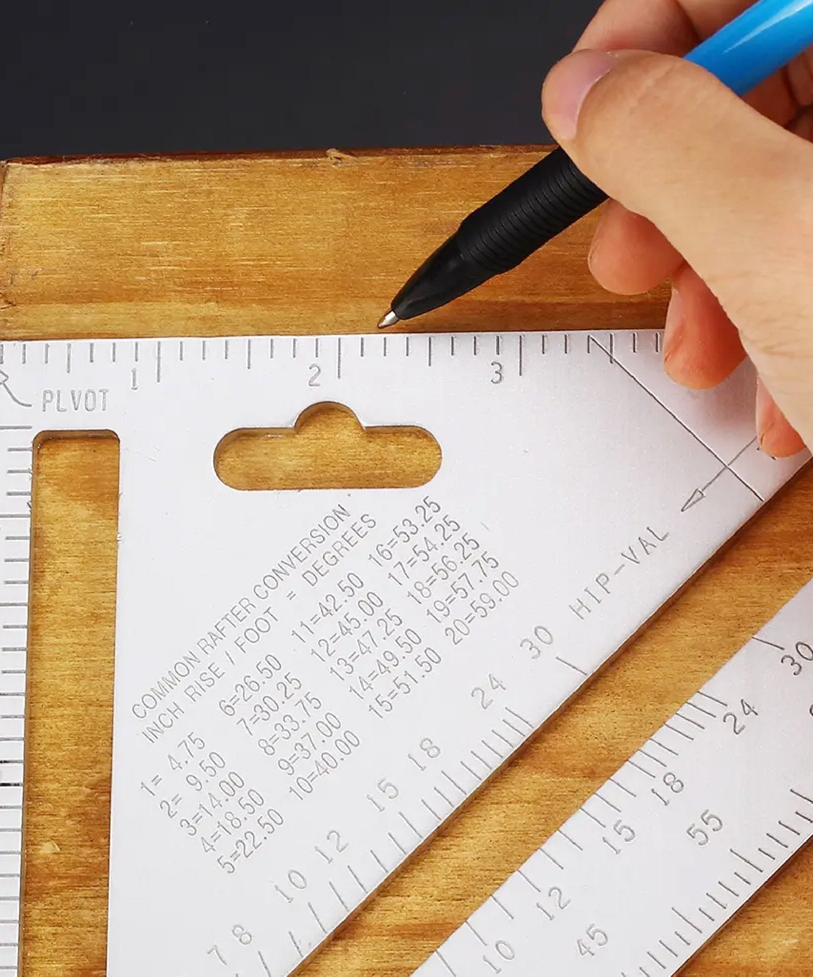 Handy triangle measurement tool with double scale.