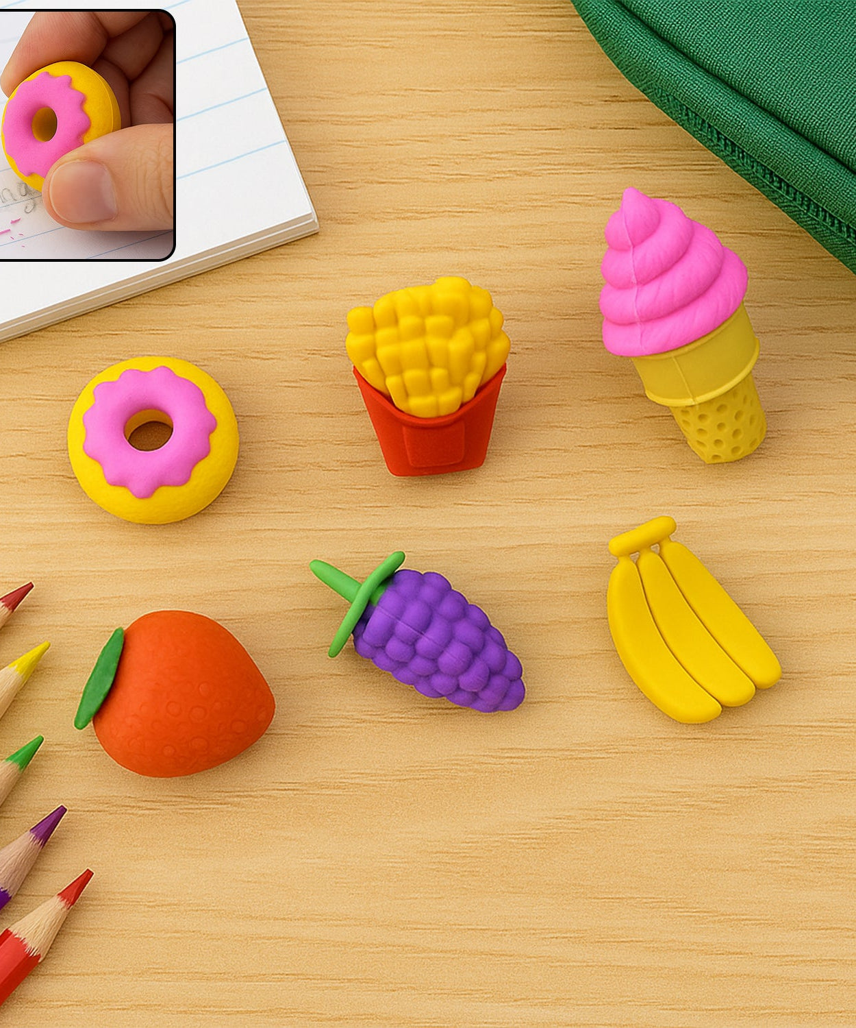 3D Food Fancy & Colorful Erasers – Cute Novelty Eraser Set for Kids & School Prize (1 Set / Mix Design & Color)