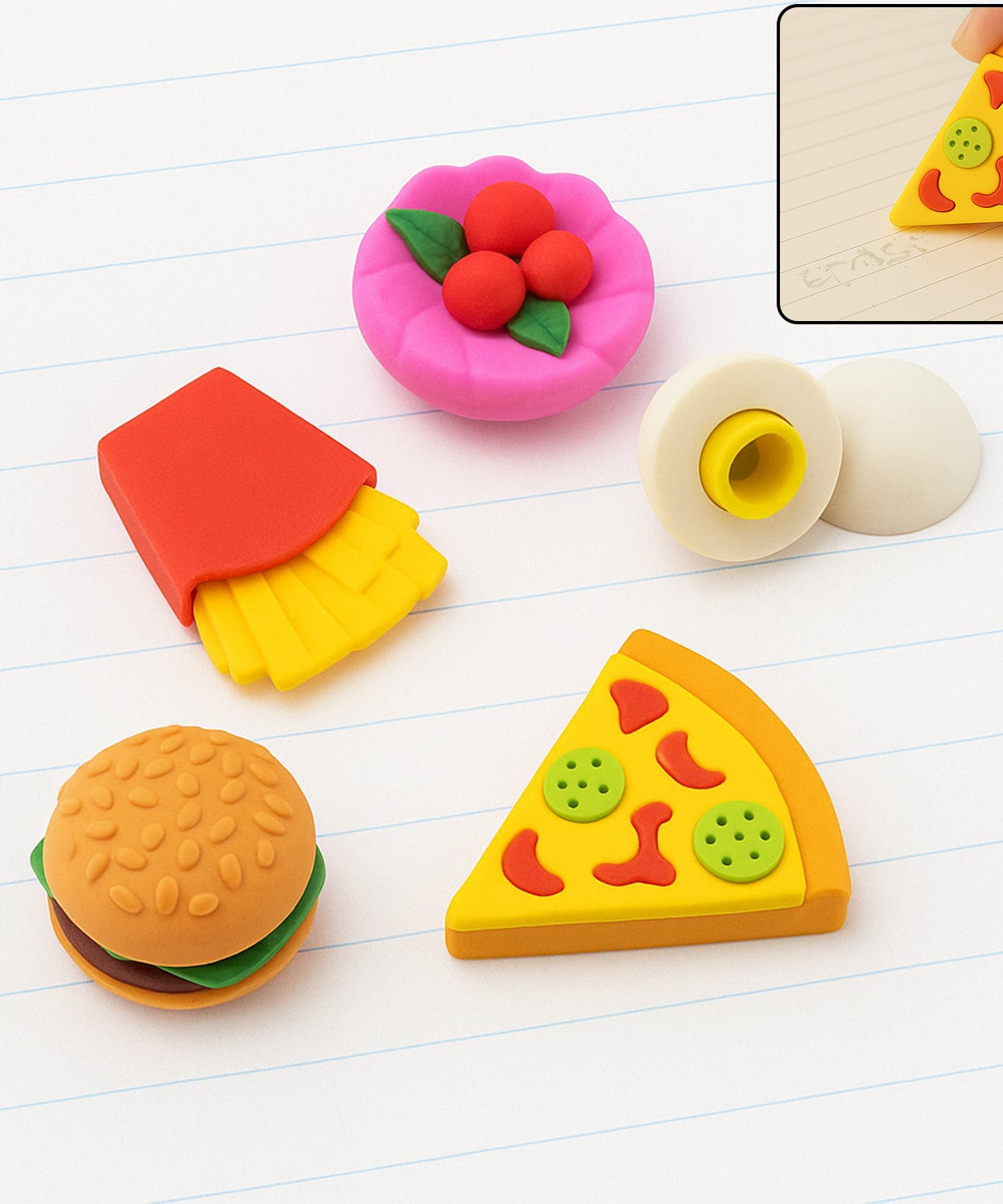 3D Food-Shaped Colorful Eraser Set – Cute Novelty Mini Erasers for Kids (5 Pc Set)