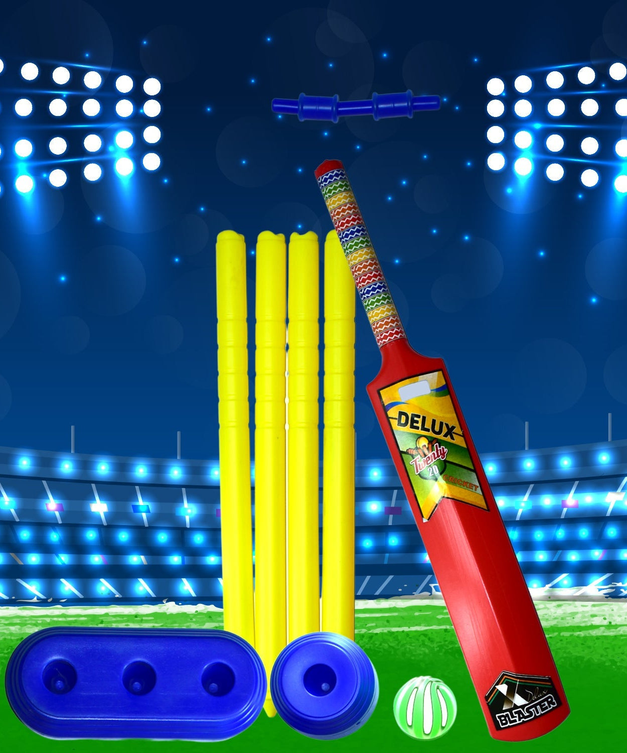 Cricket set with plastic bat, ball, and stumps
