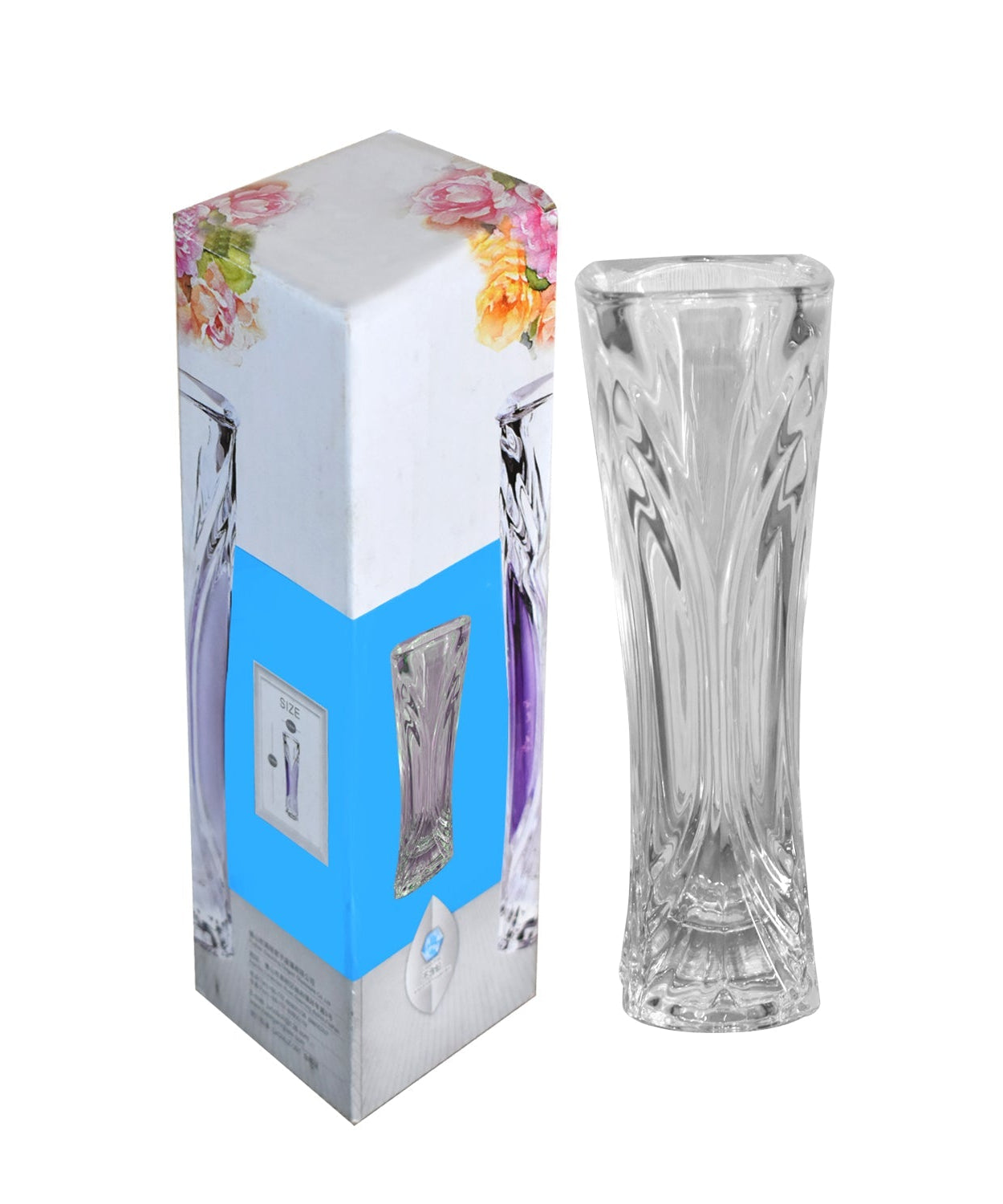 Crystal clear glass vase for home decoration.