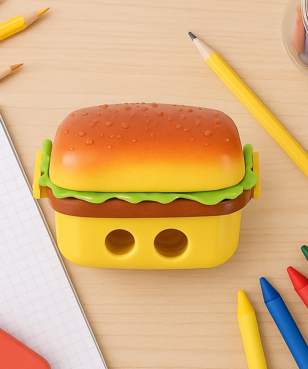 Plastic Burger Shape Small Size Double Hole Sharpener With Eraser (1 Set)