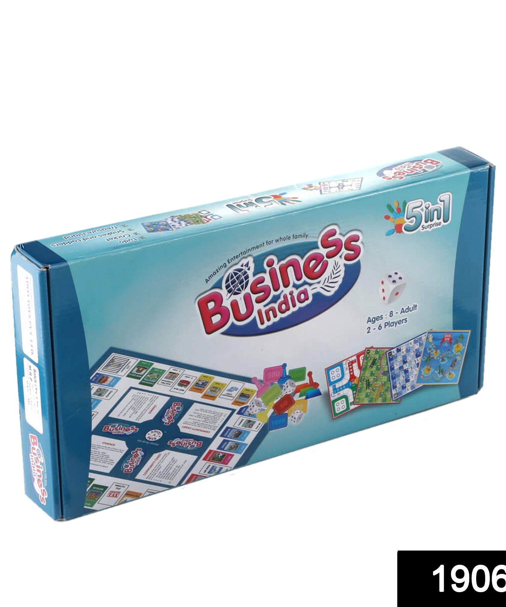 Box of business game with plastic money coins and instructions