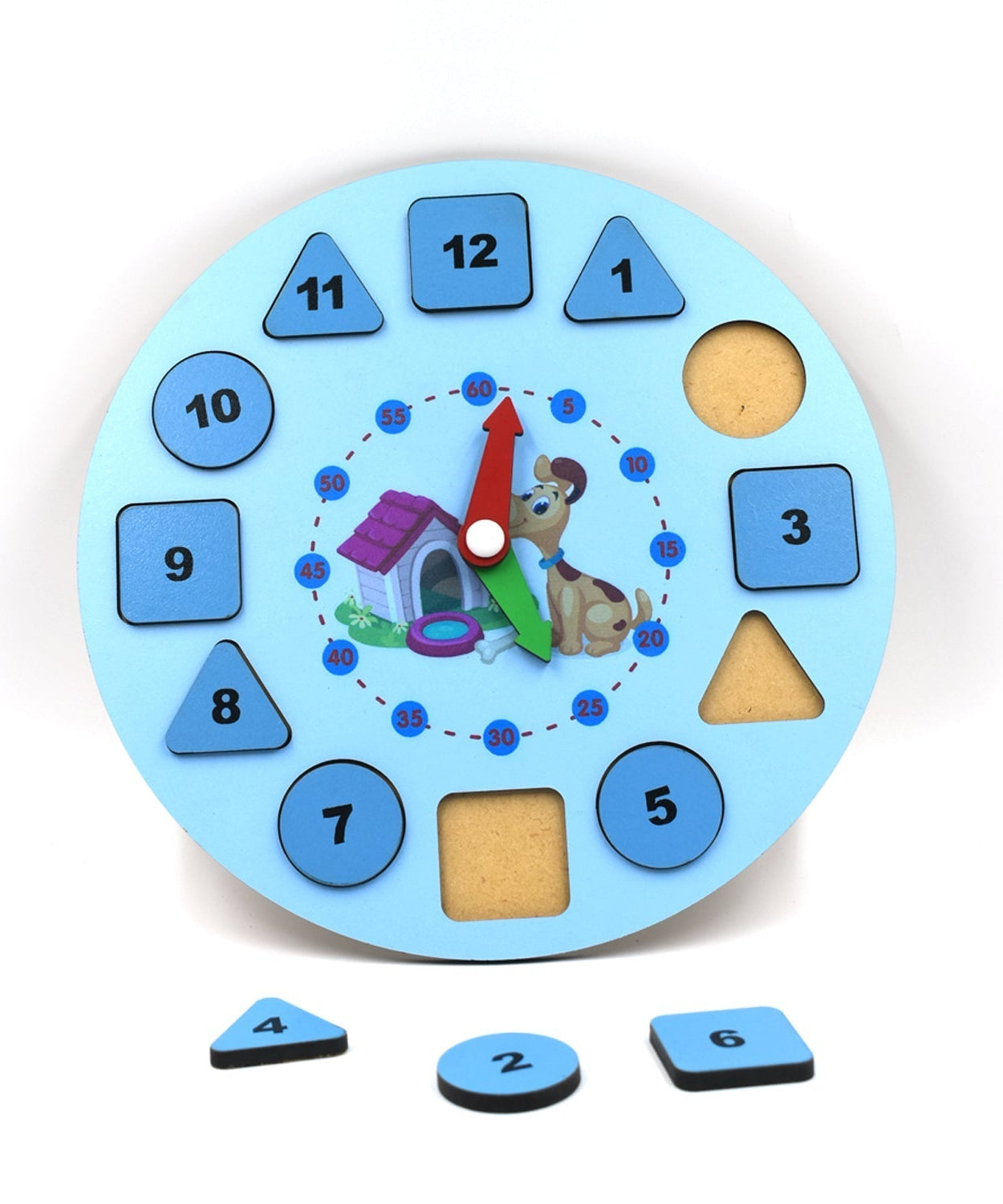 Wooden clock toy for kids, designed to teach time-telling skills.