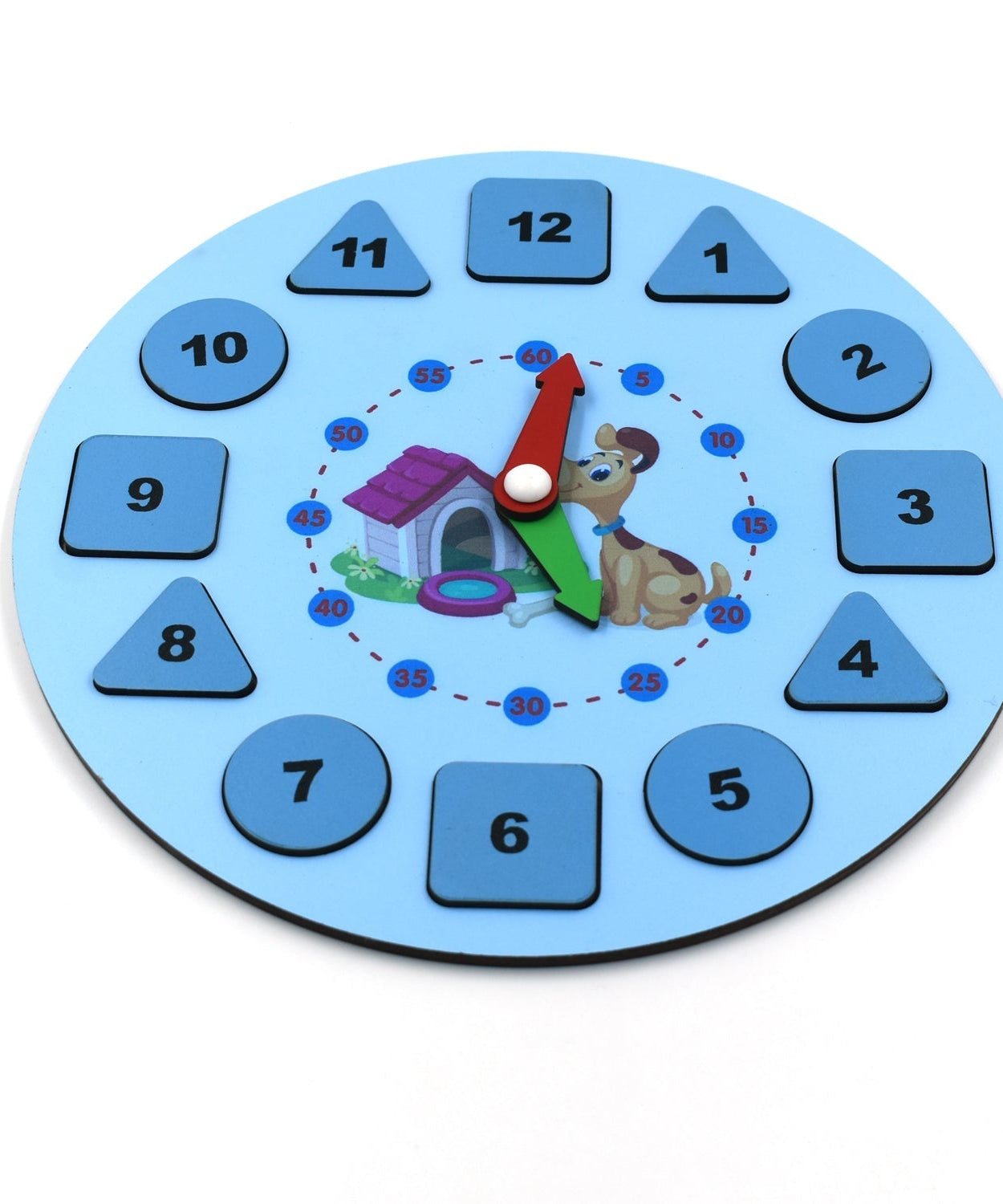 Wooden clock toy with clear numbers and hands for educational play.