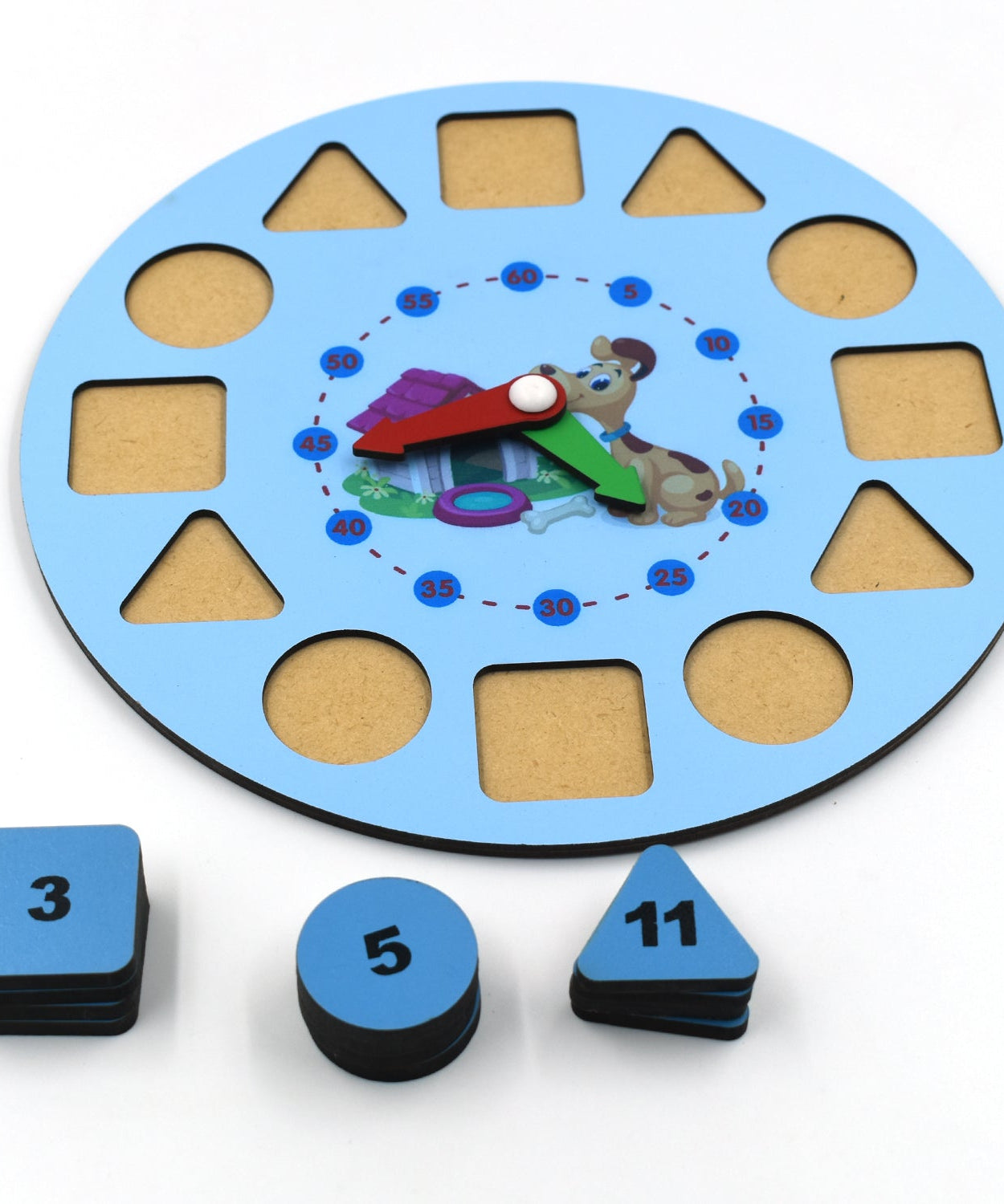 Wooden clock toy with interactive features for children.