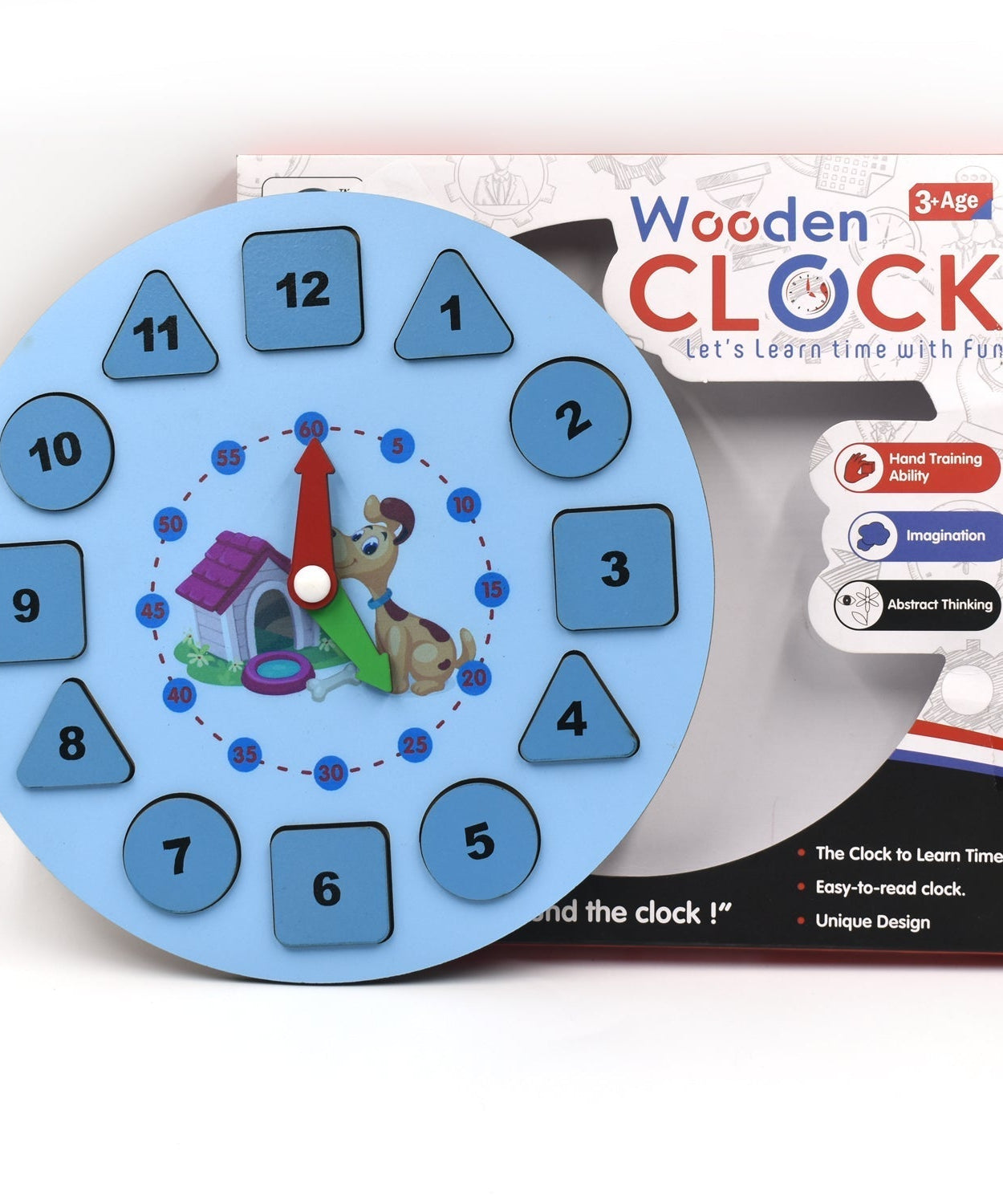 Complete view of wooden clock toy, suitable for learning and play.